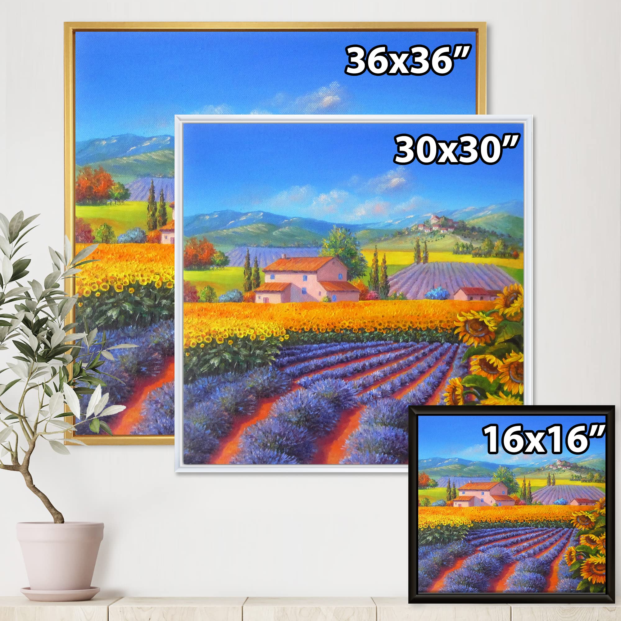 DesignQ Lavender and Sunflower Fields Framed Canvas Wall Art - Handmade Traditional Landscape Painting for Living Room, Bedroom & Office Decor