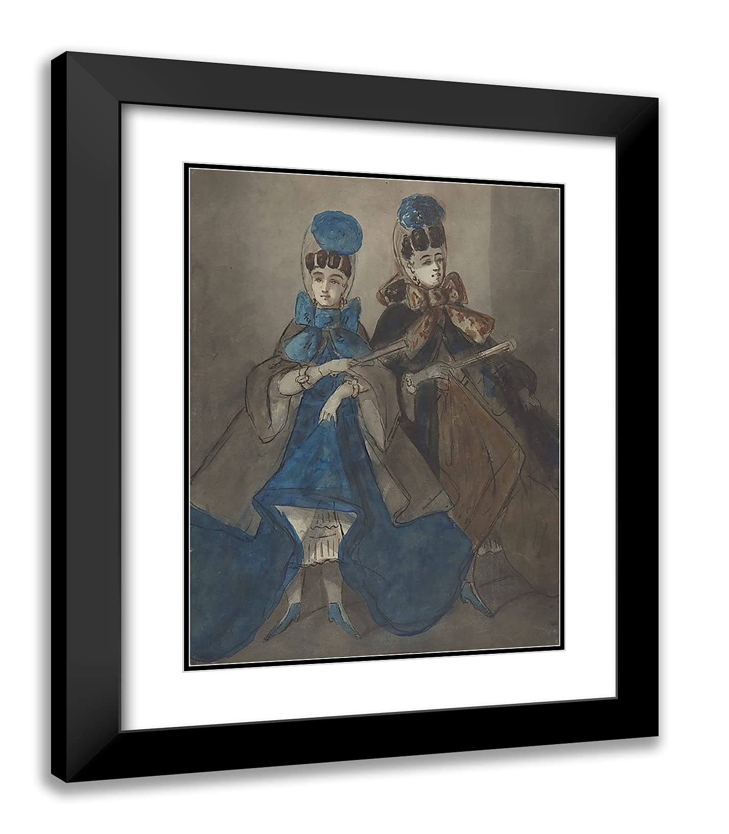 Constantin 20x24 Inch Black Modern Framed Art Print - Two Women with Fans Painting - Double Matting Wall Decor for Living Room, Bedroom & Office