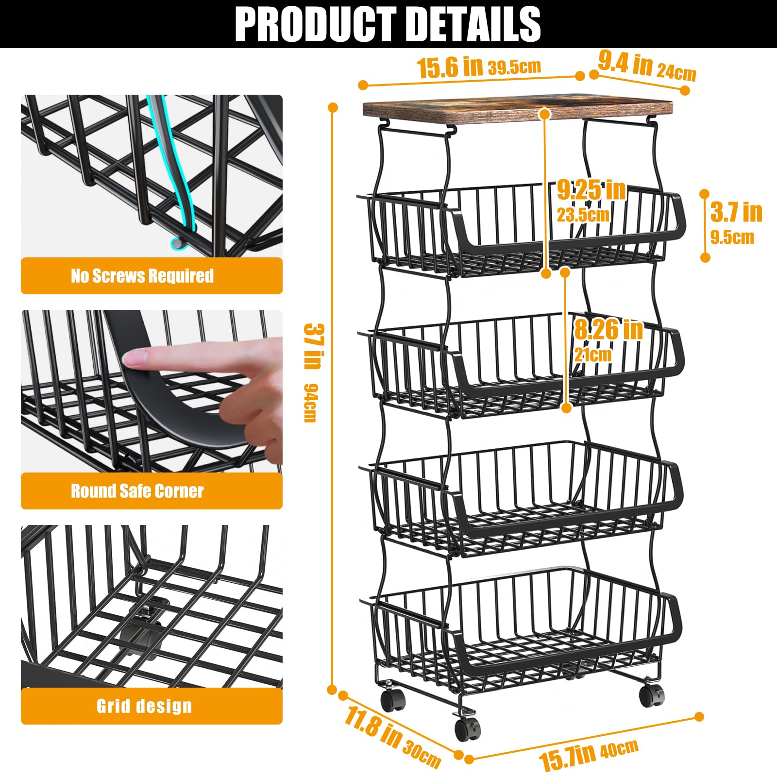 5-Tier Stackable Metal Wire Fruit & Vegetable Storage Basket with Wheels - Kitchen, Pantry & Bathroom Organizer for Fresh Produce, Snacks & Toiletries | Perfect for Home, Office & Dorm Organization