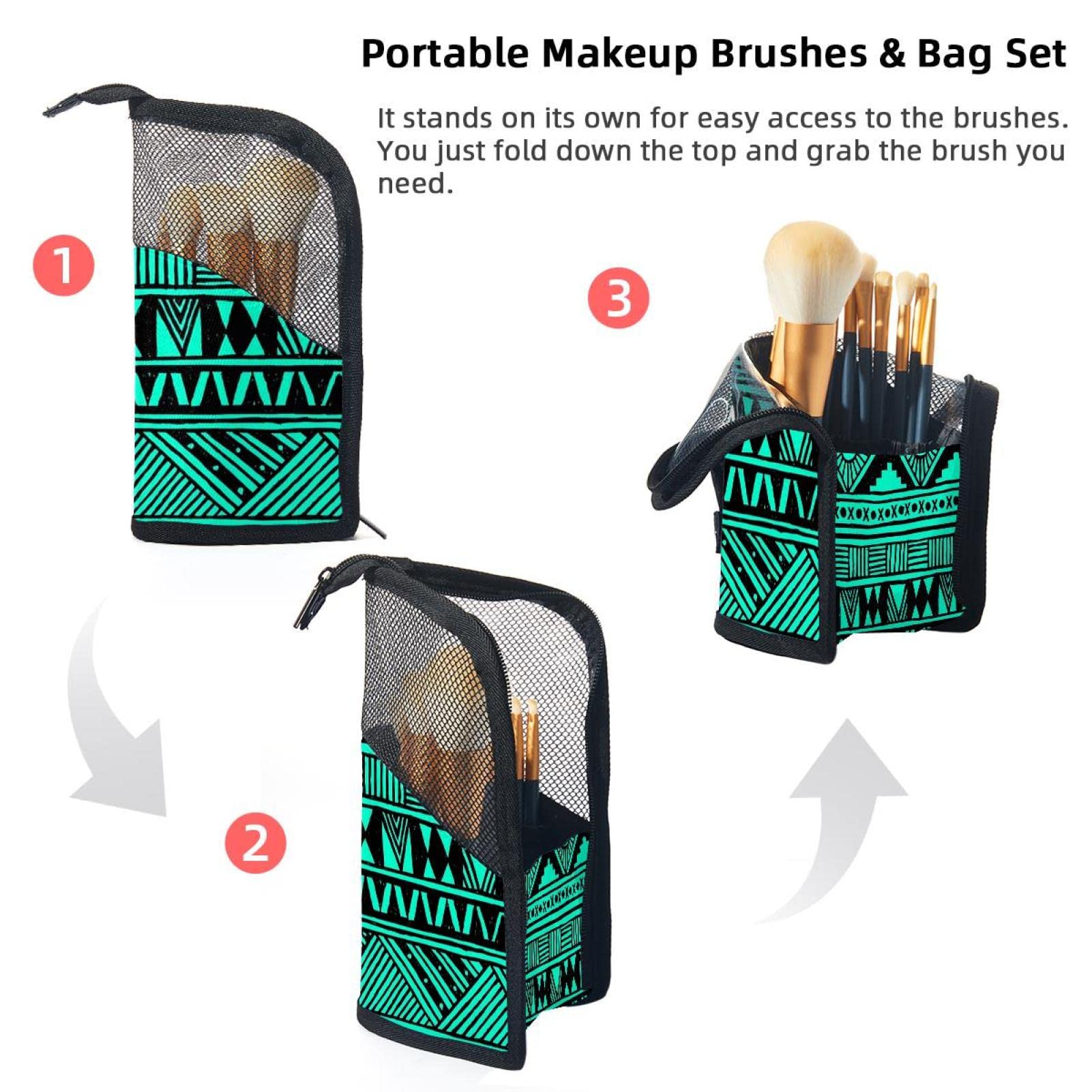 12-Piece Makeup Brush Organizer Bag Set - Geometric Retro Boho Style Portable Cosmetic Brush Holder Case for Travel & Home Vanity Organization