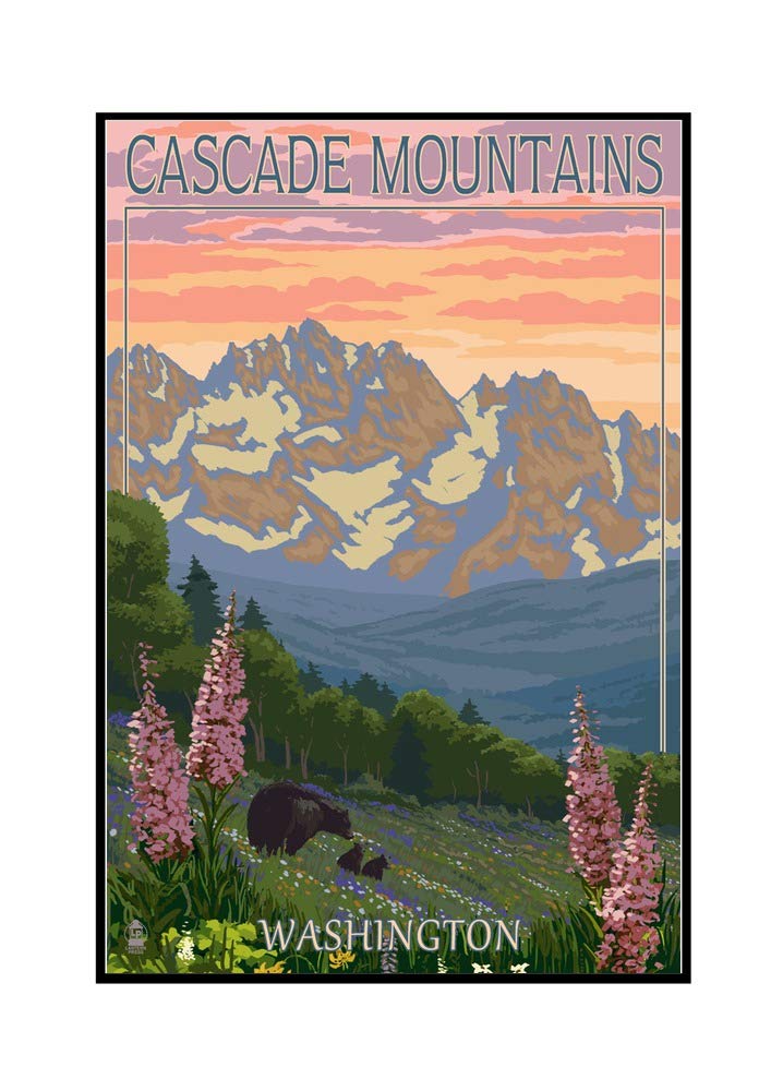 Washington Cascade Mountains Bears and Spring Flowers 16x24 Stretched Canvas Art - Wooden Framed Wall Decor for Living Room, Bedroom & Office