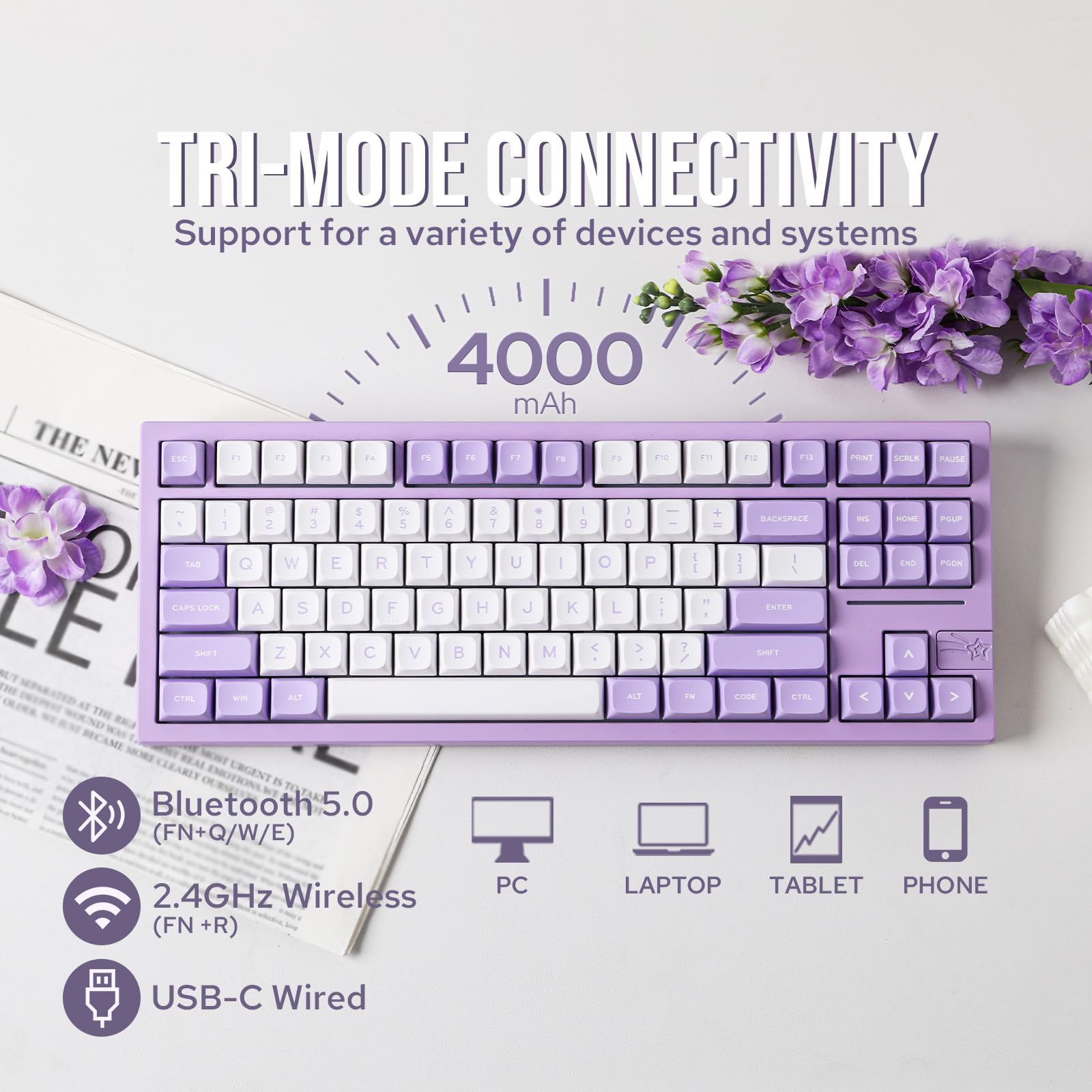 EPOMAKER x Feker Galaxy80 Wireless Mechanical Gaming Keyboard - Aluminum Alloy Body, BT5.0/2.4G/USB-C Connectivity, Hot-Swappable Gasket Mount, NKRO with Creamy Switches (Purple/Marble White) - Perfect for Esports, Office Work & Typing Enthusiasts