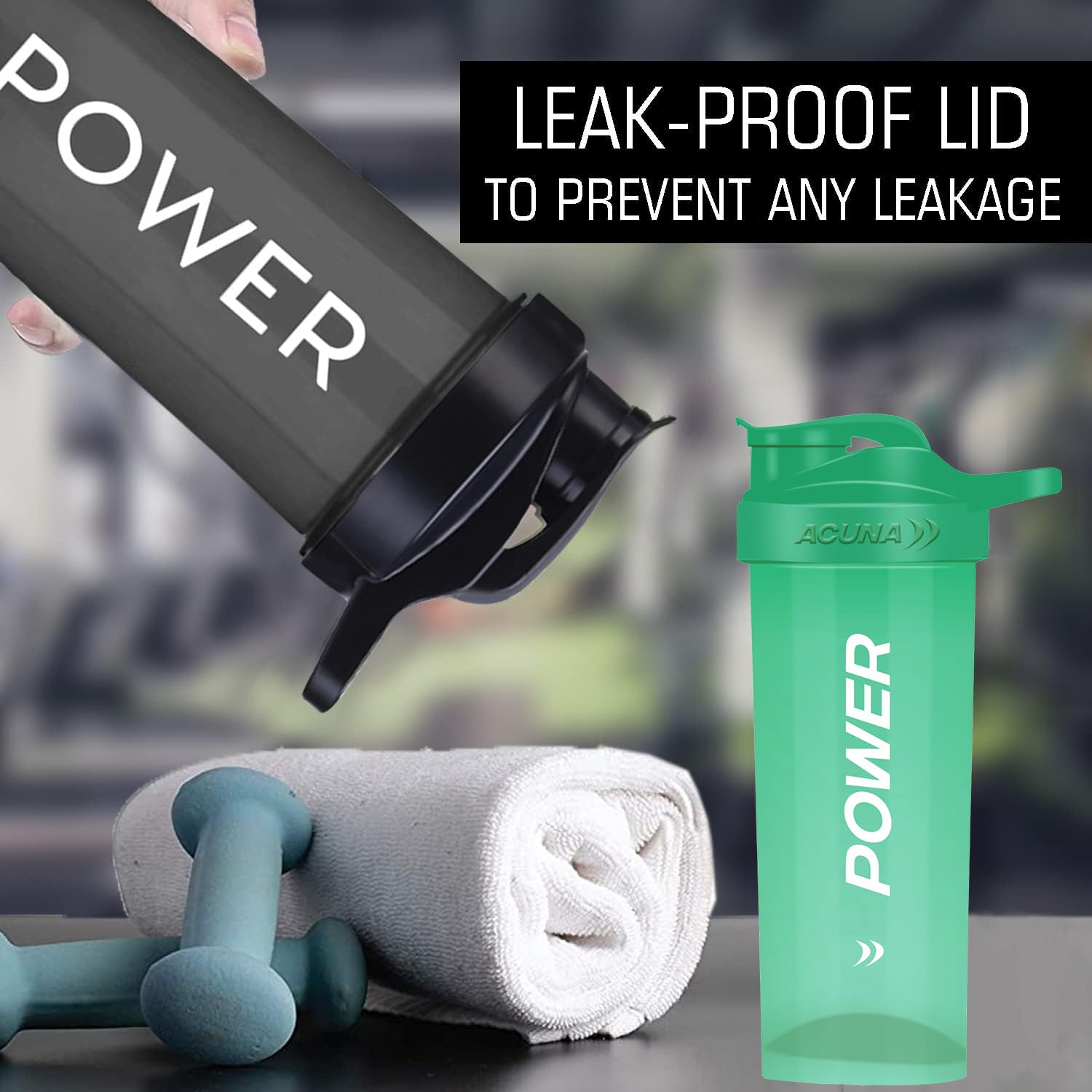 ACUNA POWER 700ml Protein Shaker Bottle - BPA Free, Leak Proof, Secure Screw Cap - Ideal for Gym, Workout & Sports Nutrition (2 Pack, Black) - Perfect for Protein Powder, Pre-Workout & Meal Replacement Drinks