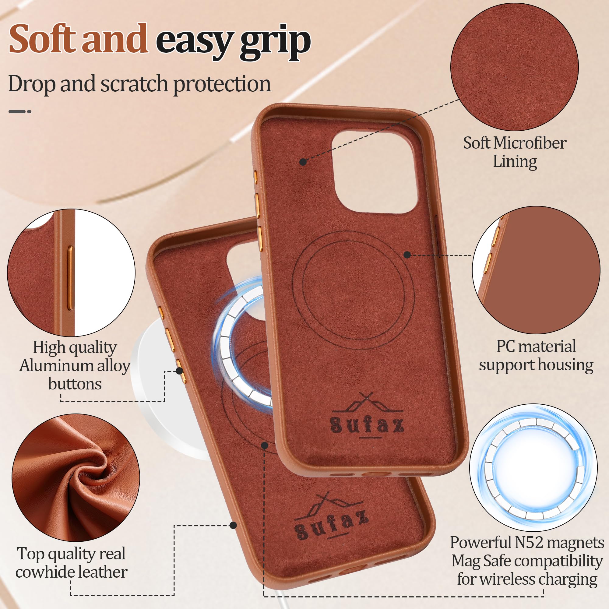 Premium Genuine Leather Case for Apple iPhone 15 Pro Max - Magnetic Charging, Shockproof Slim Design, Built-in Strong Magnets, Scratch-Resistant Microfiber Lining (Brown) - Perfect for Work, Travel & Everyday Protection