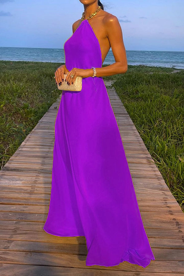 Santorini Vacation Maxi Dress - Backless A-Line Halter Dress with Metal Chain Detail | Perfect for Beach Weddings, Summer Getaways & Boho Fashion