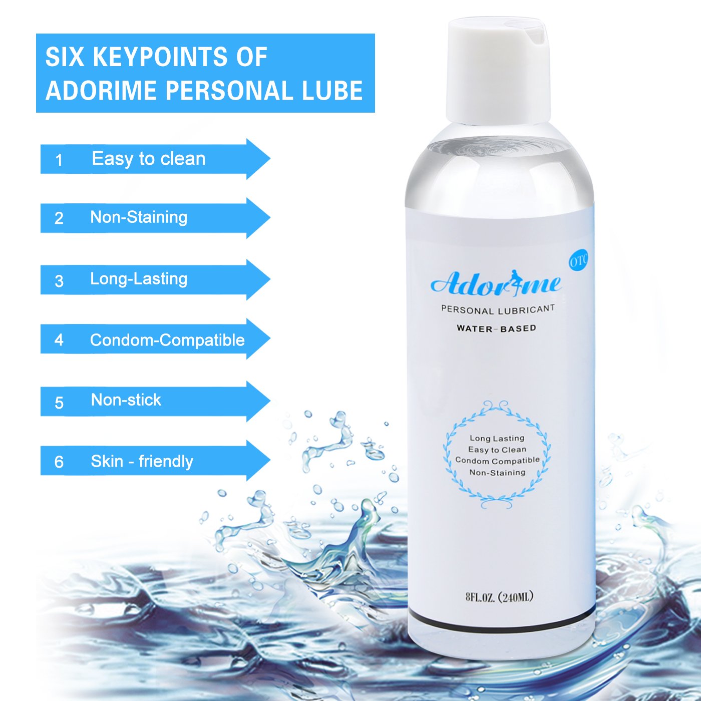 Adorime Water-Based Personal Lubricant for Women & Men - Long-Lasting Sex Lube for Vaginal Dryness, Anal Play & Adult Toys - Condom Compatible - 8 oz - Perfect for Couples, Solo Play & Enhanced Intimacy