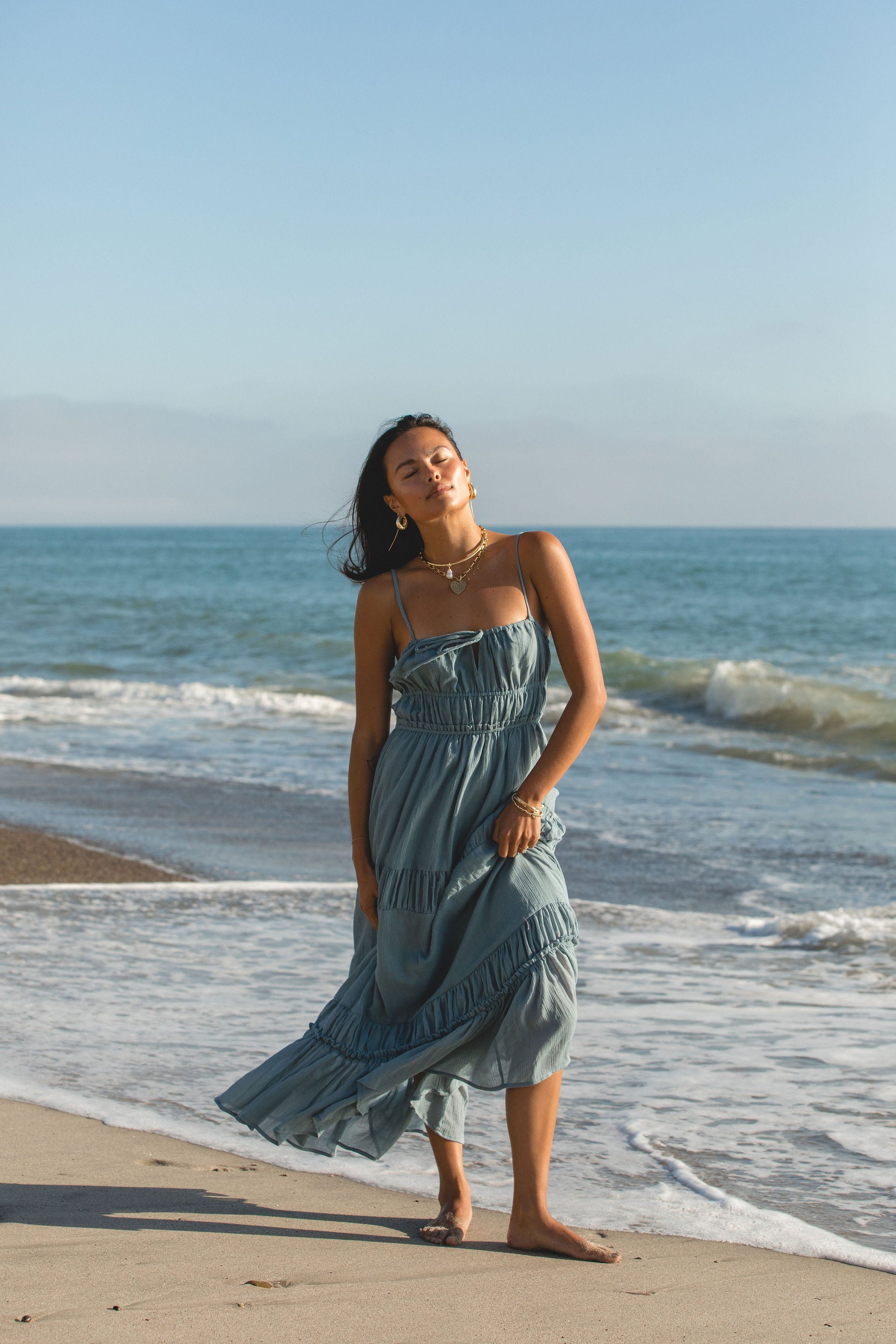 Salt Air Woven Cotton Midi Dress - Women's Summer Beach Dress with Pockets, Breathable & Comfortable for Vacation, Outdoor, and Casual Wear