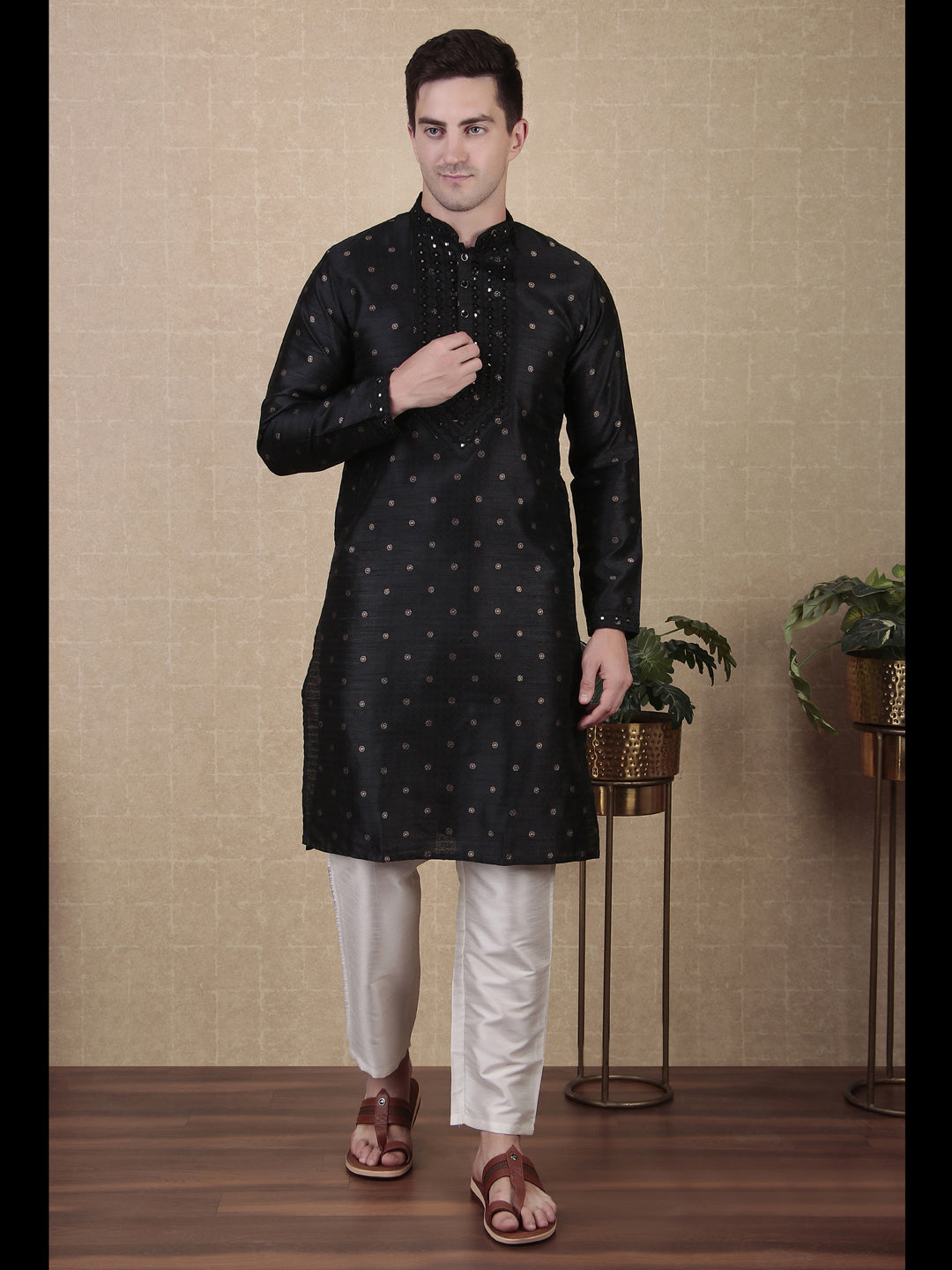 Stylish Black Men's Kurta Pajama Set with Designer Mirror Embroidery - Perfect for Weddings, Festivals & Ethnic Occasions