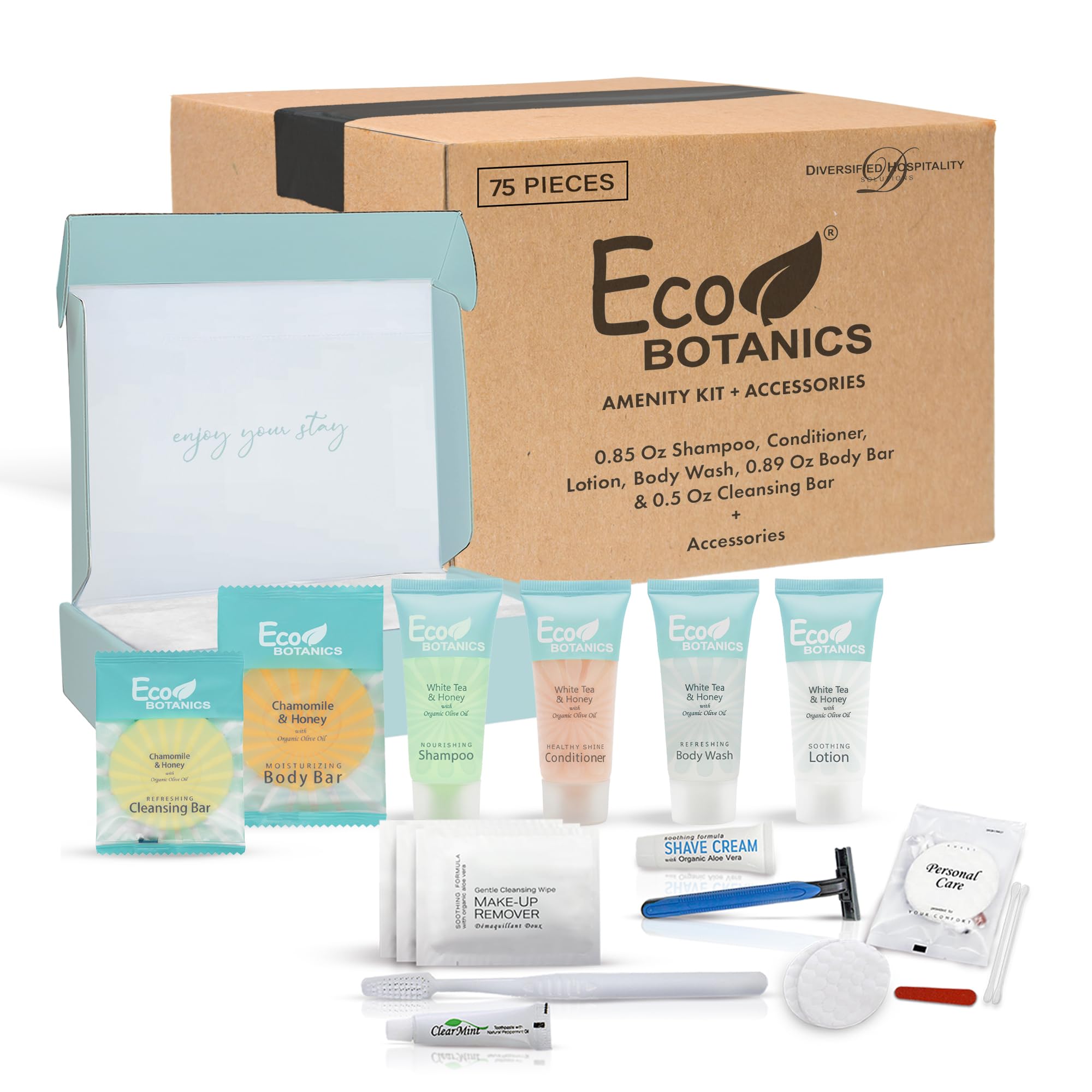Eco Botanics Travel Amenity Kit - 15 Sets per Case | 0.85 oz Shampoo, Conditioner, Body Wash, Lotion, Soap Bar, Makeup Wipes & Dental Kit | Perfect for Hotels, Airlines, Spas & Luxury Travel Toiletries