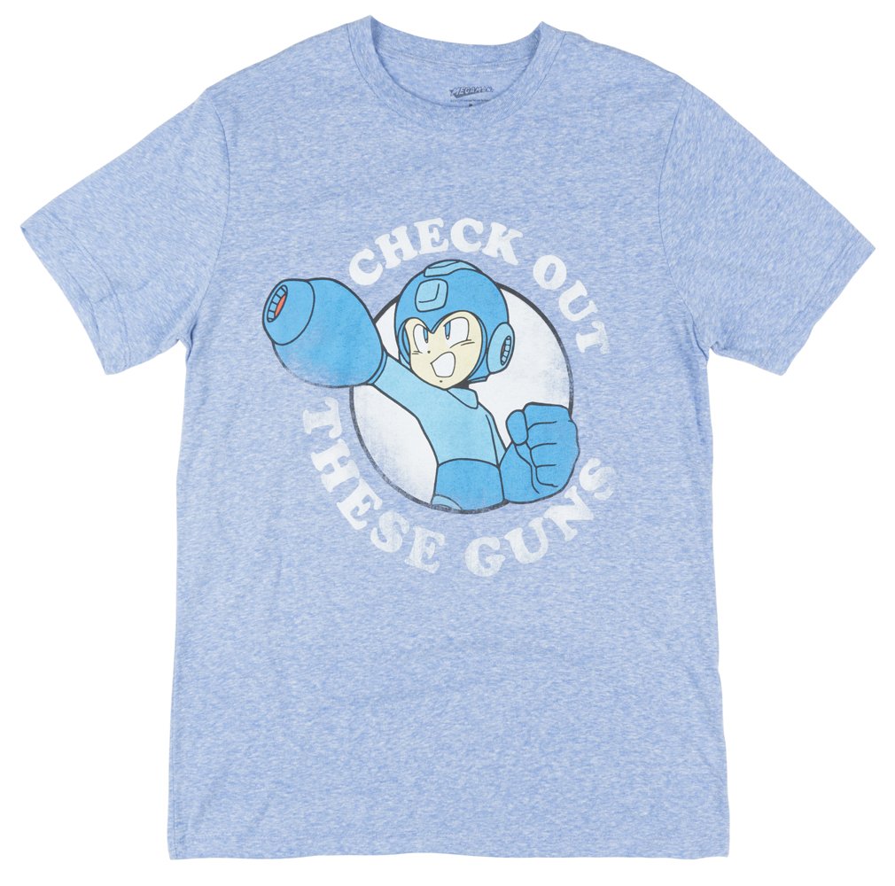 Mega Man Men's 'Check Out These Guns' Logo Graphic T-Shirt | Retro Gaming Tee for Fans & Collectors | Casual Wear & Gamer Gifts