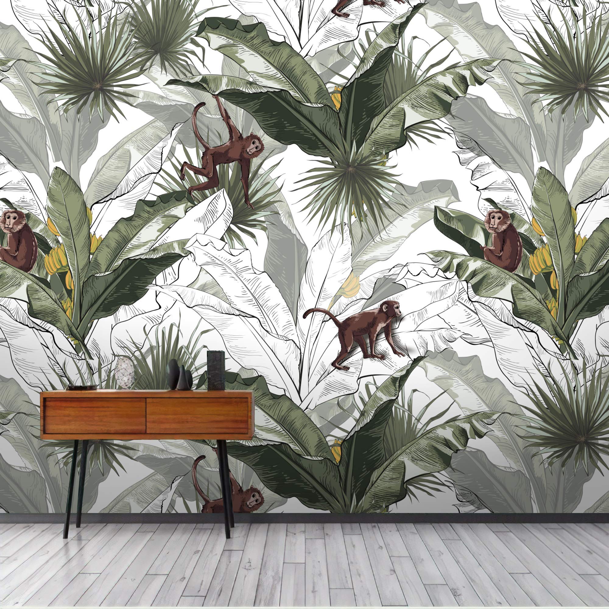 Murwall Banana Leaf Wallpaper - Monkey Pattern Botanical Wall Mural for Nursery, Living Room, Bedroom & Cafe Decor | Perfect for Jungle-Themed Kids Rooms, Boho Home Design & Tropical Entryways