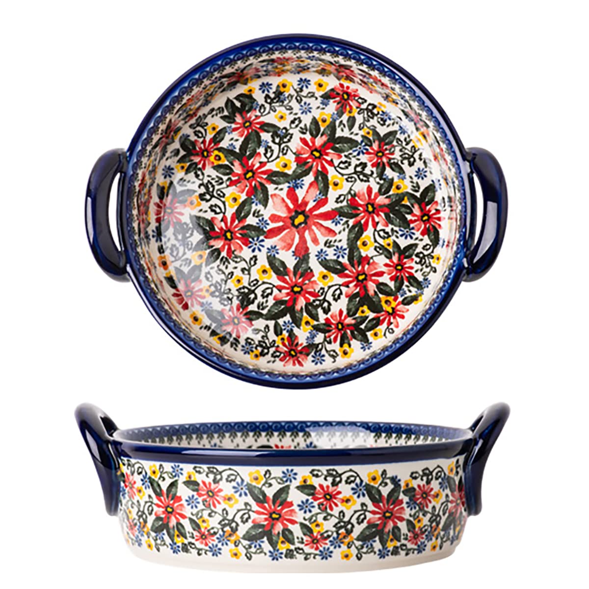 Vintage Style Red Daisy Ceramic Casserole Dish - 32oz Oven Safe Baking Pan for Lasagna, Pasta & Casseroles - Handled Ceramic Bakeware for Cooking, Baking & Serving - Perfect for Family Dinners & Holiday Meals