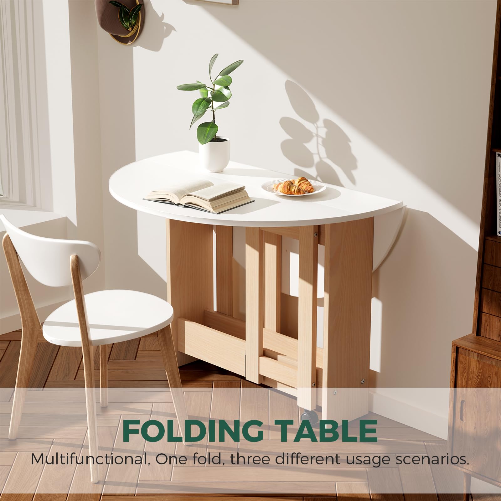 Round Drop-Leaf Folding Dining Table - Space Saving Extendable Convertible Table with Storage Box & Wheels - White Kitchen Farmhouse Living Room Furniture - Perfect for Small Spaces, Apartments & Multi-Purpose Rooms