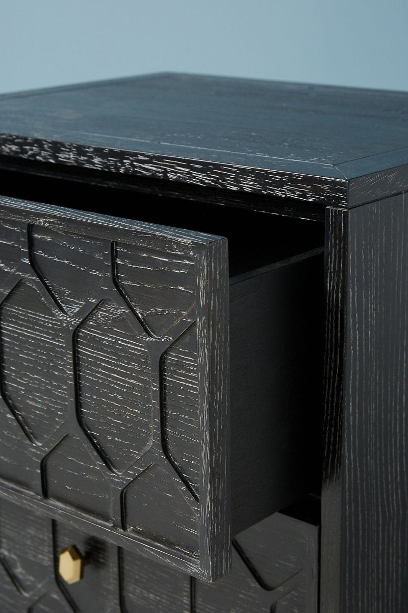 Hand Carved Textured Wooden Nightstand with 2 Drawers - Black Bedside Table for Bedroom | Modern Bedroom Furniture, Small Space Storage Solution