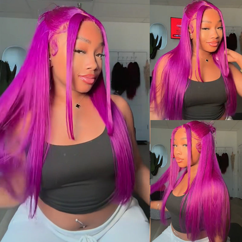 Eullair Fuchsia Pink Straight Human Hair Wig - Rose Red Body Wave Lace Frontal Wig for Women (EW001) | Perfect for Cosplay, Parties & Daily Wear