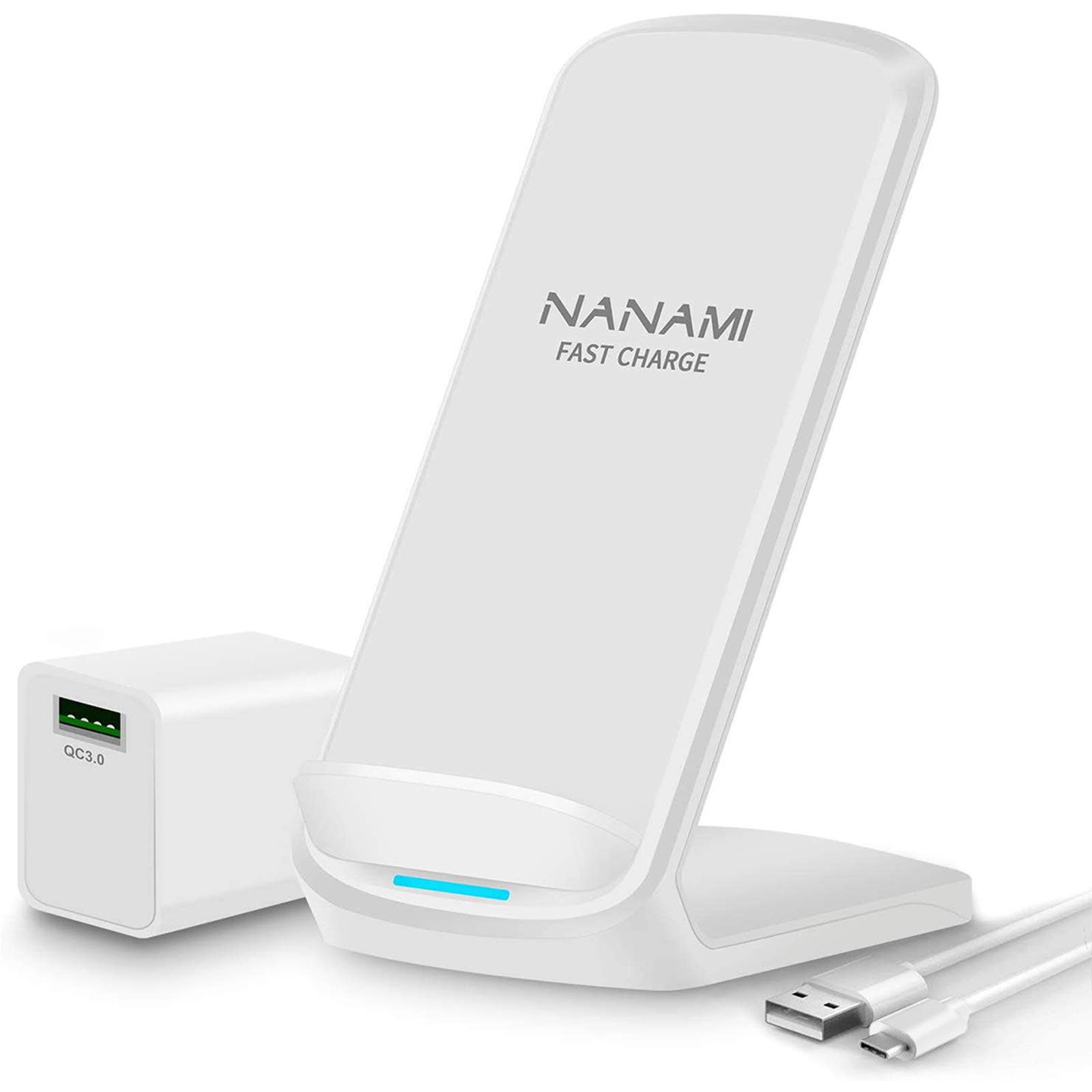 NANAMI Fast Qi Wireless Charging Stand with Wall Adapter - 10W Wireless Charger for iPhone 16/15 Pro Max/14/13/12/11/XR/XS Max/8 & Samsung Galaxy S25/S24 Ultra/S23/S22/S21 Plus/S20 FE/S10/S9 & Google Pixel 9/6 - Perfect for Home, Office, and Nightstand Charging
