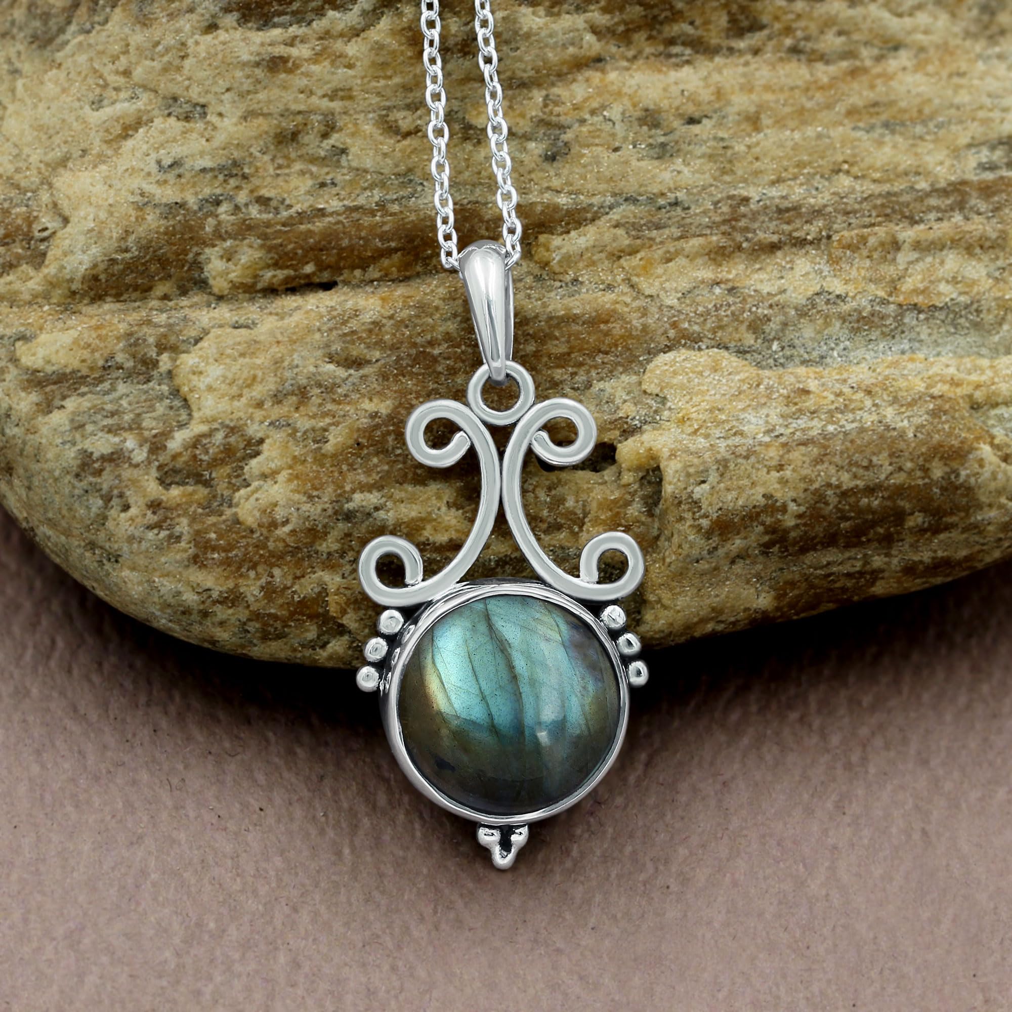 TISHAVI Natural Round Semi-Precious Gemstone Pendant Necklace for Women - 18 Inch Sterling Silver Chain, Birthstone Jewelry | Perfect Gift for Mom, Wife, Sister | Ideal for Birthdays, Anniversaries & Women's Day Celebrations