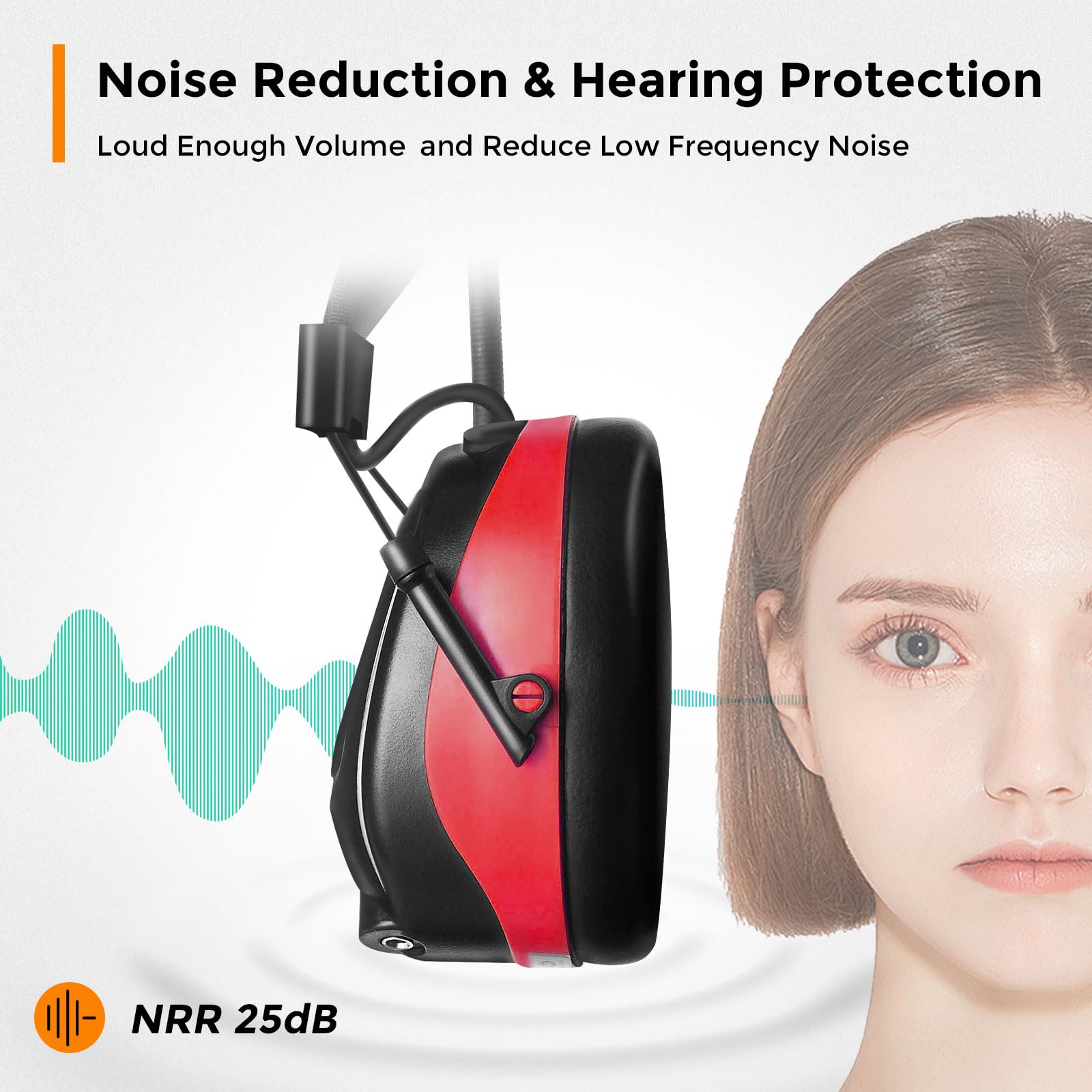 Noise Cancelling AM/FM Radio Headphones with 25dB NRR - Digital Display Safety Earmuffs for Hearing Protection - AA Battery Powered - Ideal for Lawn Mowing, Construction Work & Outdoor Activities (Red)