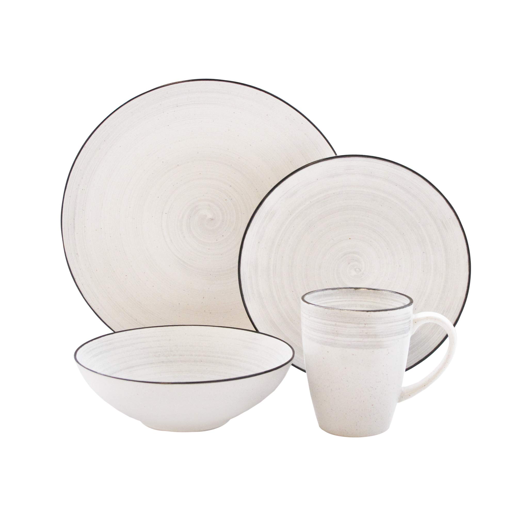 Elle Décor Whitestone Casual Round Dinnerware Set – 16-Piece Stoneware Dinner Party Collection with 4 Dinner Plates, 4 Salad Plates, 4 Bowls & 4 Mugs – Elegant White Tableware for Everyday Dining & Special Occasions – Perfect Gift for Housewarming, Weddings & Holidays (10.5