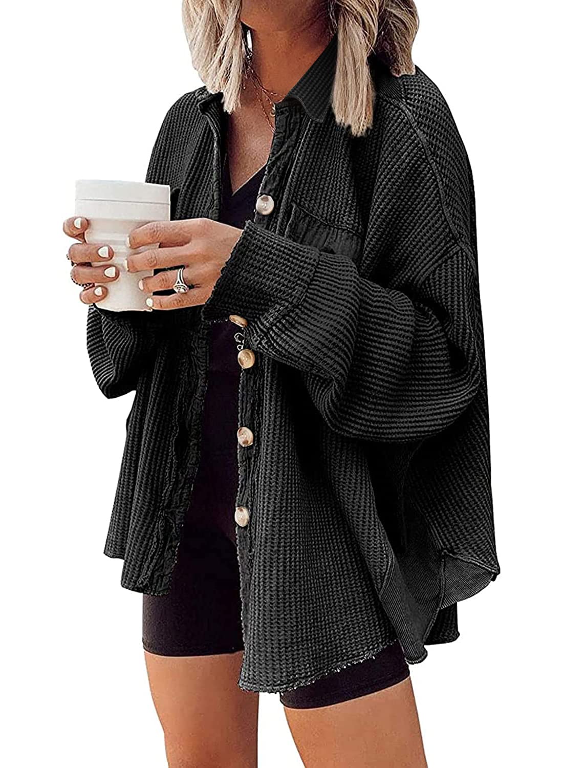 Nirovien Women's Waffle Knit Shirt Jacket - Oversized Button Down Shacket with Batwing Sleeves & Pockets | Casual Outerwear for Fall & Spring | Perfect for Layering, Workwear & Street Style