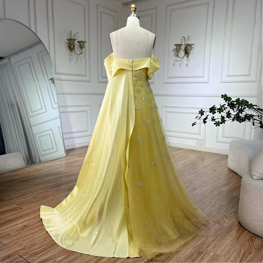 Serene Hill Luxury Dubai Arabic Yellow Elegant Boat Neck Long Evening Dress Beaded Party Gown for Women - LA72531 | Perfect for Weddings, Galas, and Formal Events
