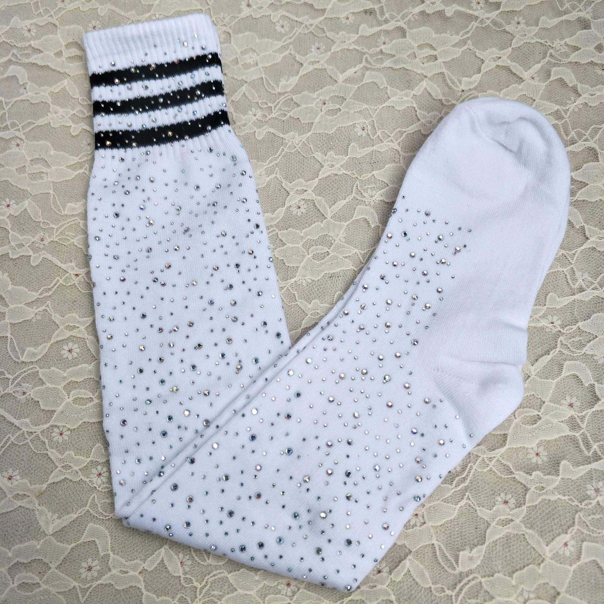 Sexy Sparkle Rhinestone Over Knee Socks - Party & Casual Wear (White+Black Stripe)