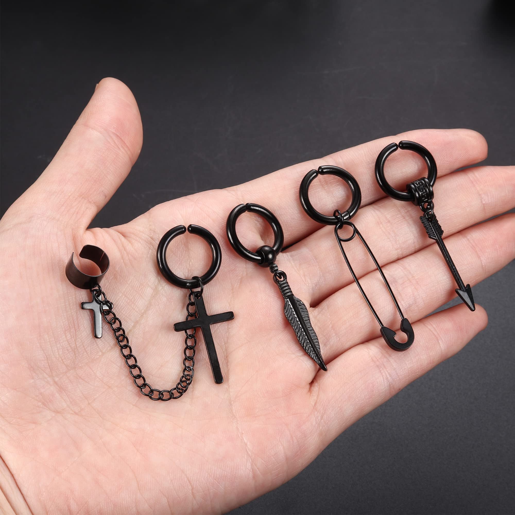 22Pcs Stainless Steel Clip On Earrings for Men & Women - Cross Chain Pendant Non-Piercing Huggie Hoop Set | Black Fake Earrings for Everyday Wear, Parties & Gifts