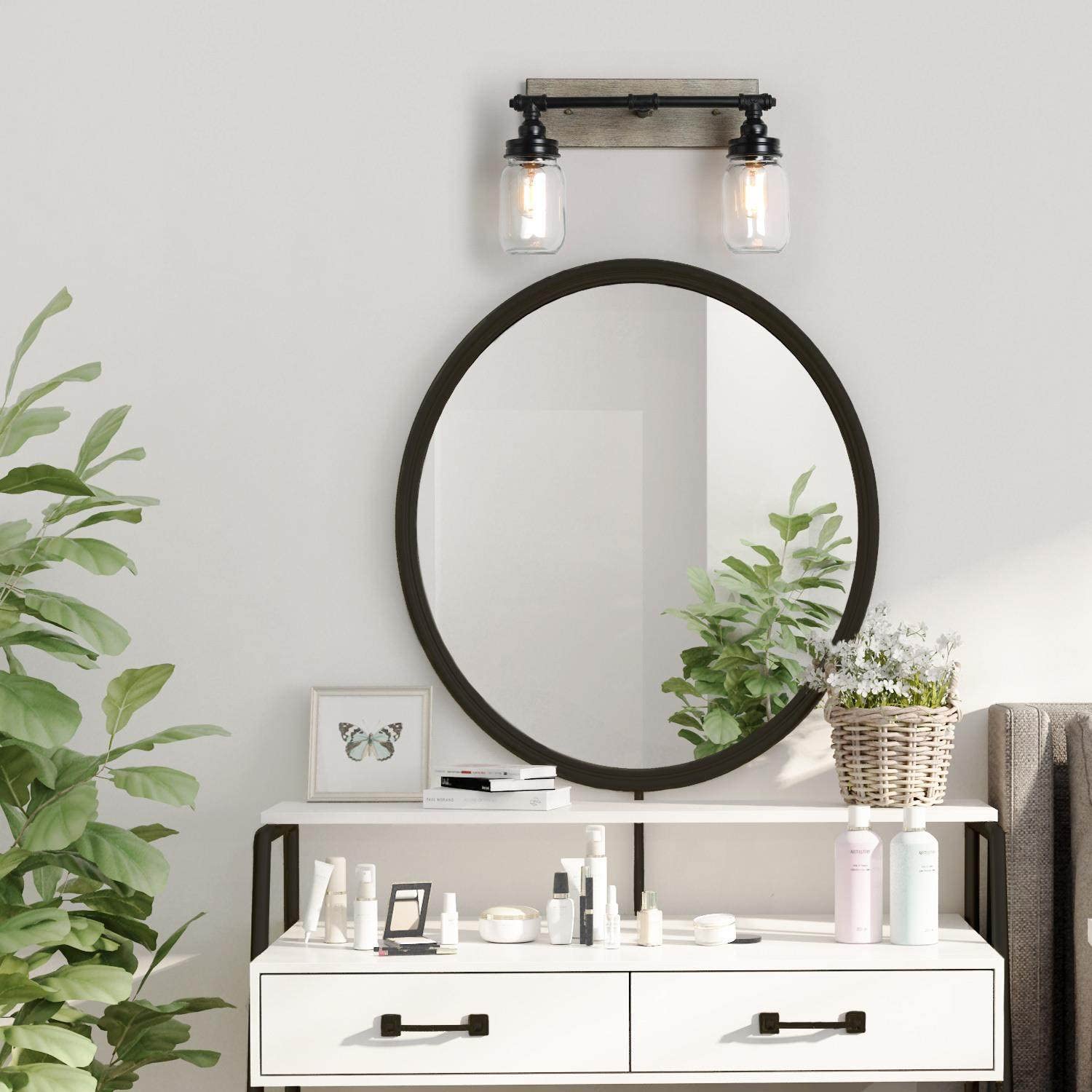 LALUZ Farmhouse Vanity Light Fixture with Mason Jar Shades - 2 Light Faux Wood Bathroom Sconce, Black Finish - Perfect for Rustic Bathroom, Bedroom, or Entryway Lighting