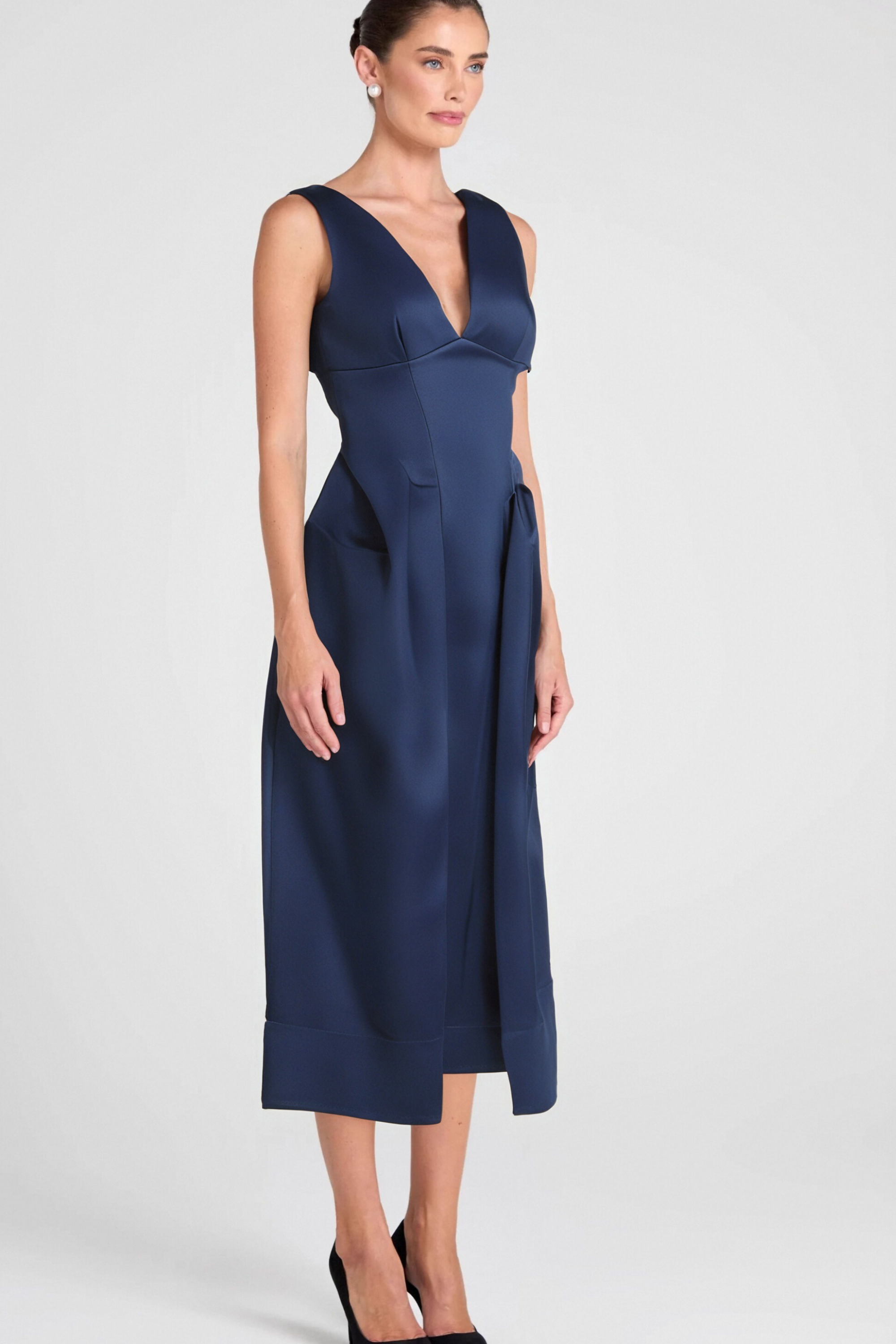 Chantale Blue Satin Midi Dress with Twist Detail - Elegant Party & Evening Wear for Women