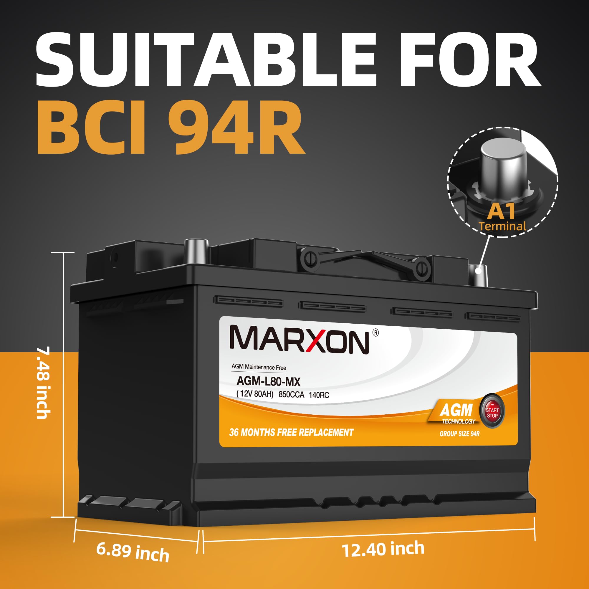 MARXON Group 94R H7 L4 AGM Car Battery 12V 80AH 850CCA - Maintenance Free Automotive Replacement Battery with 36 Month Warranty - Perfect for Start-Stop Vehicles, Trucks & SUVs