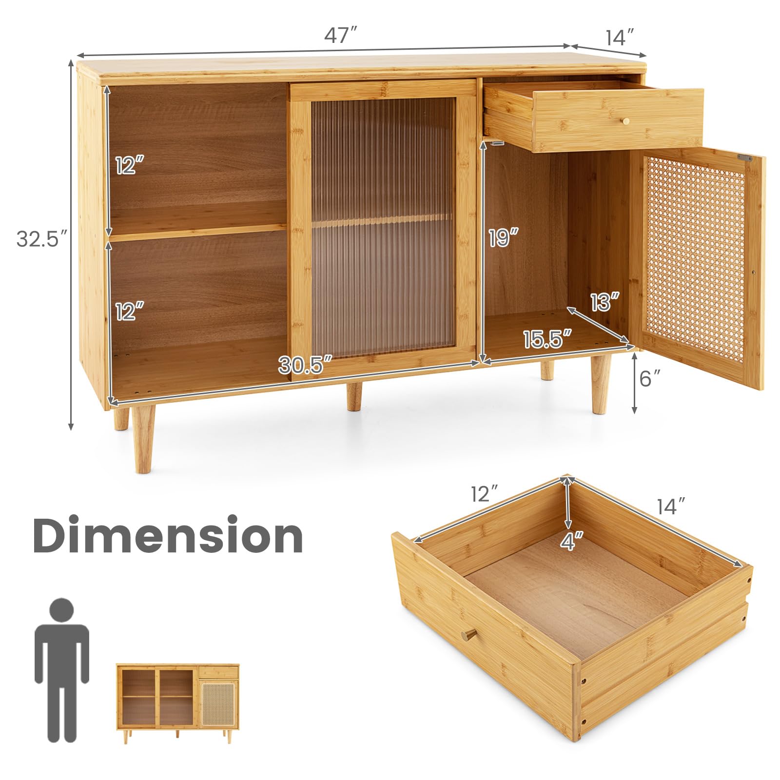 Giantex Bamboo Buffet Cabinet with Storage - Farmhouse Style Sideboard with Drawers & Rattan Glass Doors - Kitchen Cupboard, Entryway Console Table for Dining Room, Coffee Bar - Perfect for Home Decor, Entertaining & Storage Solutions