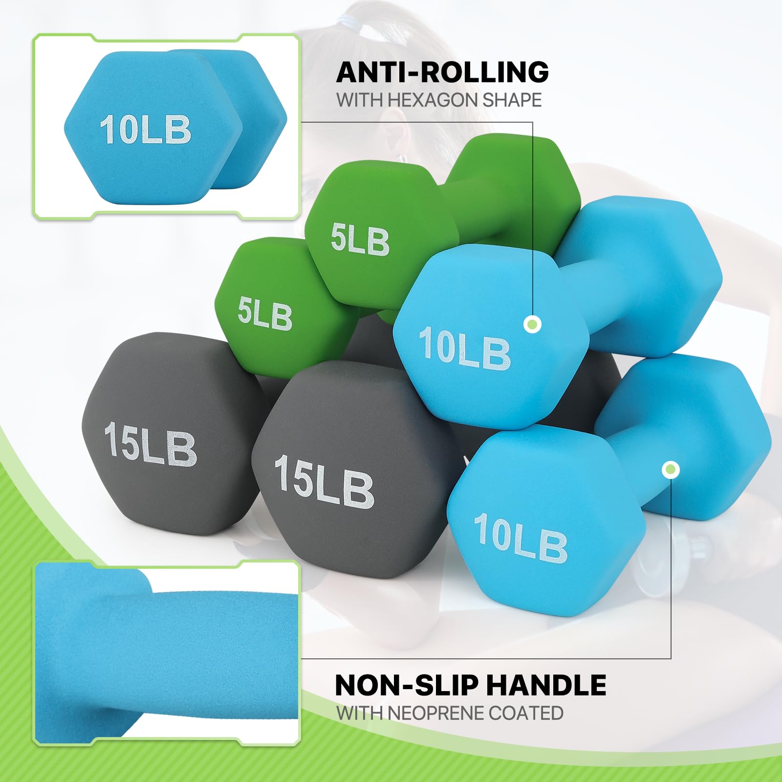 Hex Dumbbell Set of 6 - Neoprene Coated Hand Weights for Home Gym, Strength Training & Full-Body Workouts (2-15lbs) - Perfect for HIIT, Yoga, Pilates & CrossFit Exercises