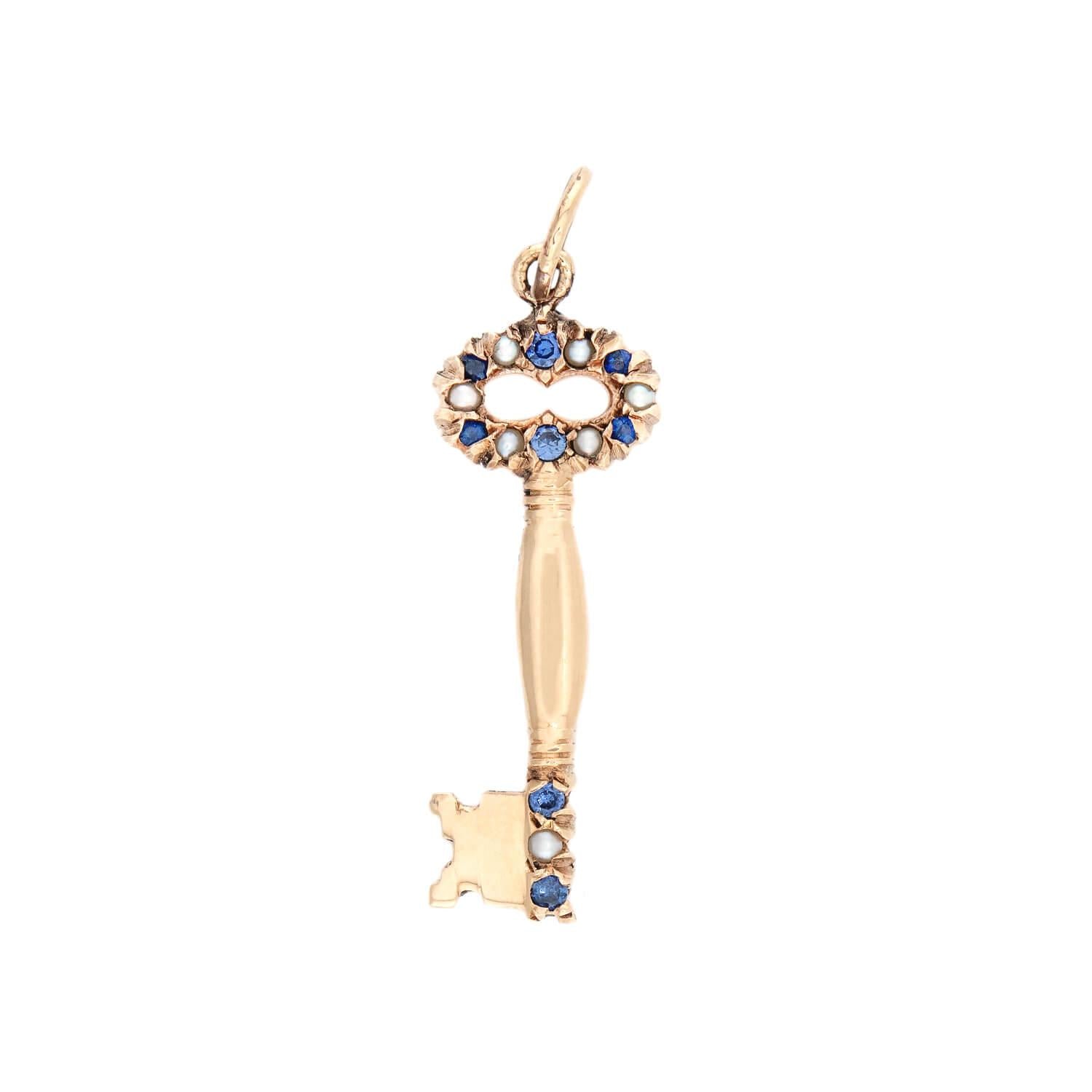 10K Victorian Sapphire & Pearl Key Charm Pendant - Elegant Jewelry Gift for Women, Perfect for Weddings, Anniversaries & Special Occasions