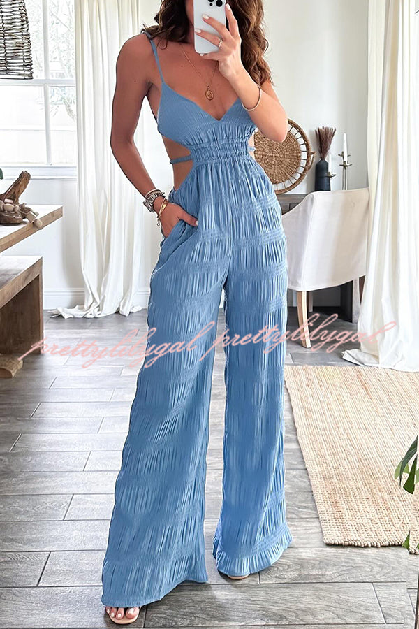 Stylish Crinkle Fabric Cut Out Backless Jumpsuit with Elastic Waist & Pockets - Perfect for Summer Vacations, Beach Getaways, and Night Out Parties