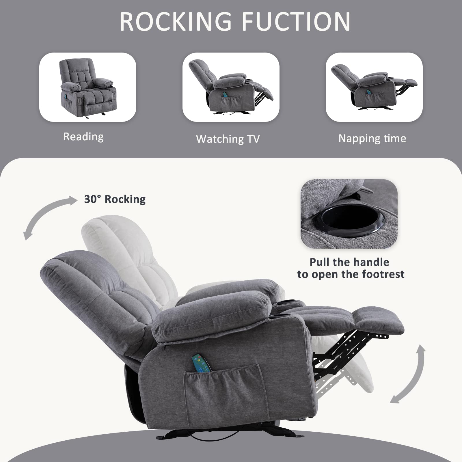 Ergonomic Massage Recliner Chair with Vibration & Heat - Rocking Lounge Chair for Living Room with Side Pocket, 2 Cup Holders & USB Charging Port - Perfect for Relaxation, Home Theater & Pain Relief