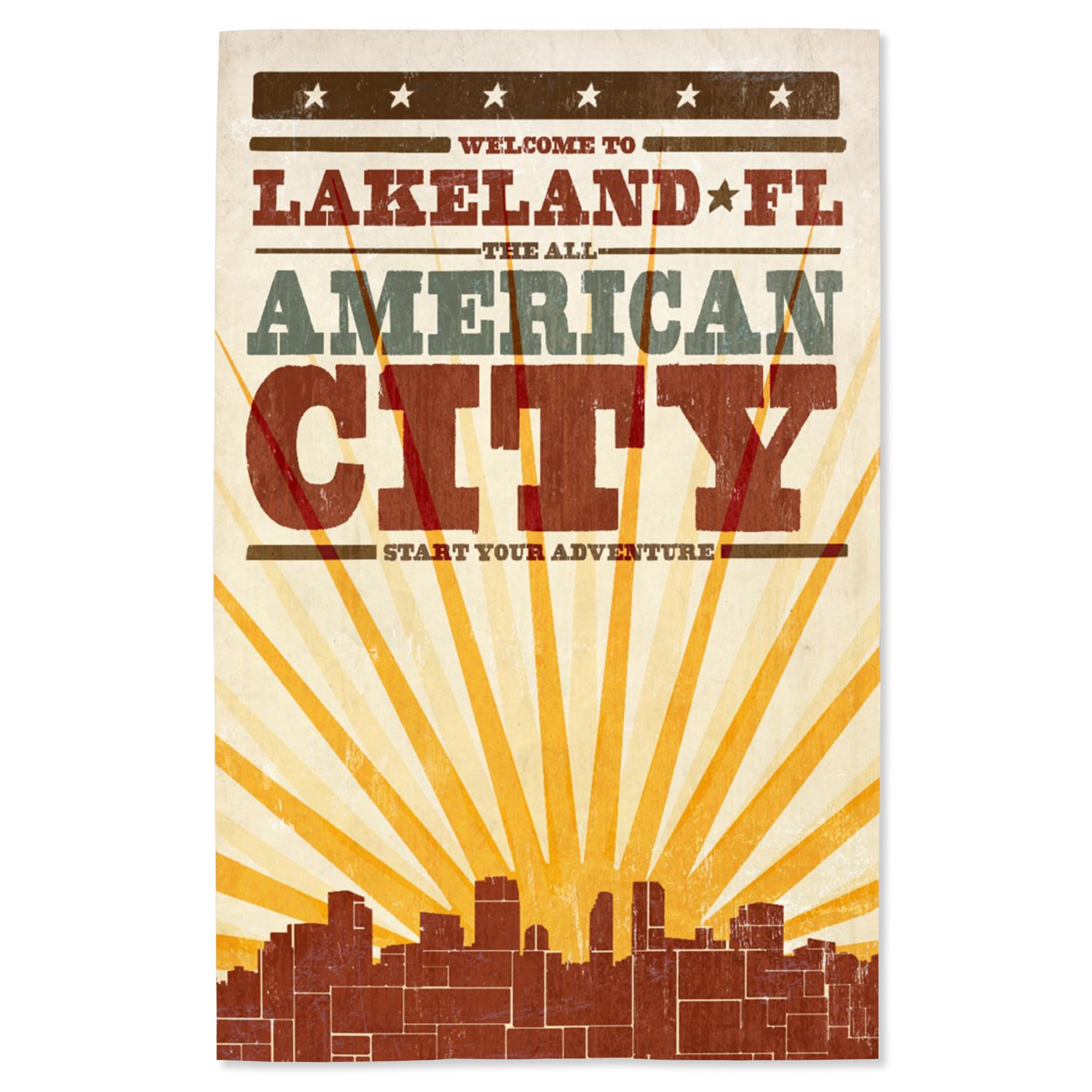 Lantern Press 16x24 Inch Giclee Print - Lakeland Florida Skyline & Sunburst Screenprint Style Wall Art - Perfect for Living Room, Bedroom or Office Decor