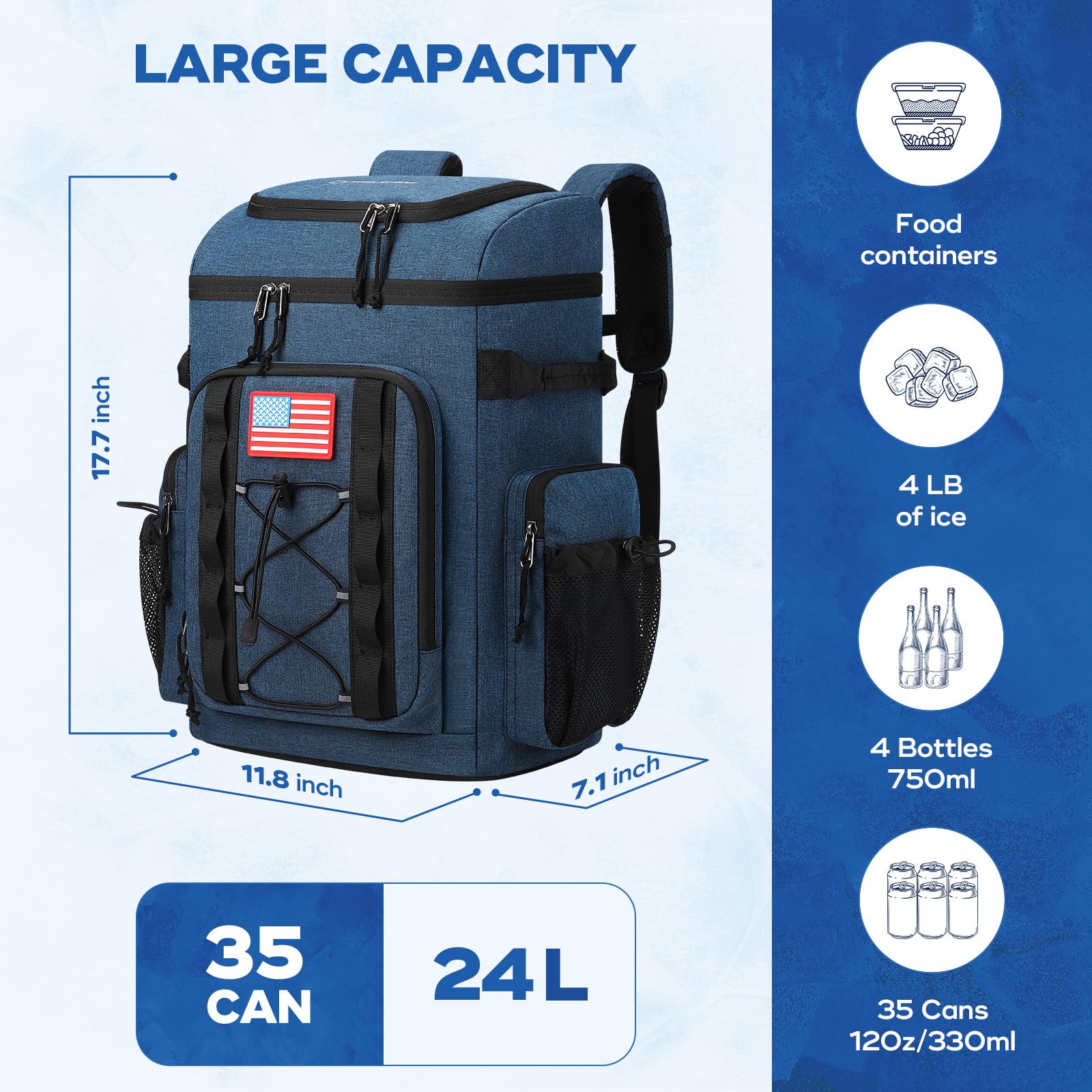 Maelstrom 35 Can Insulated Cooler Backpack - Soft Lightweight Leakproof Cooler Bag for Men & Women | Keeps Drinks Hot/Cold for 16 Hours | Waterproof Lunch Backpack for Beach, Camping, Picnic & Outdoor Activities - Blue