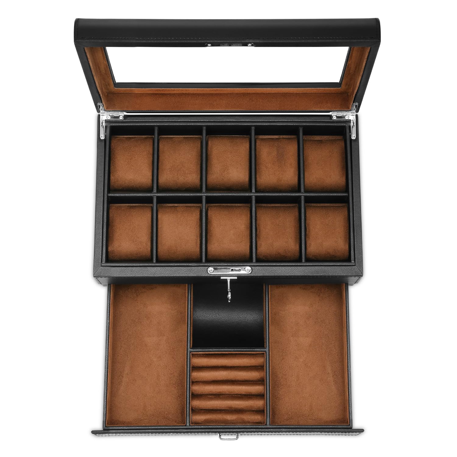 Premium Leather Watch Box with Drawer - 10 Slot Locking Jewelry & Watch Organizer for Men - Luxury 2-Tier Watch Case Display - Perfect for Watch Collection Storage & Travel Use
