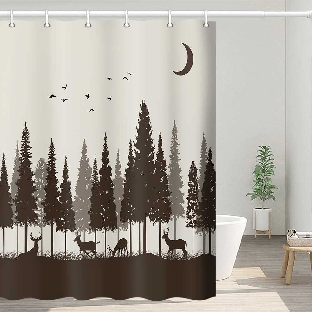 Rustic Deer Forest Shower Curtain Set with Hooks - Brown Woodland Hunting Cabin Lodge Bathroom Decor - 36x72 Inches - Perfect for Cabin, Hunting Lodge or Nature-Themed Bathroom Design