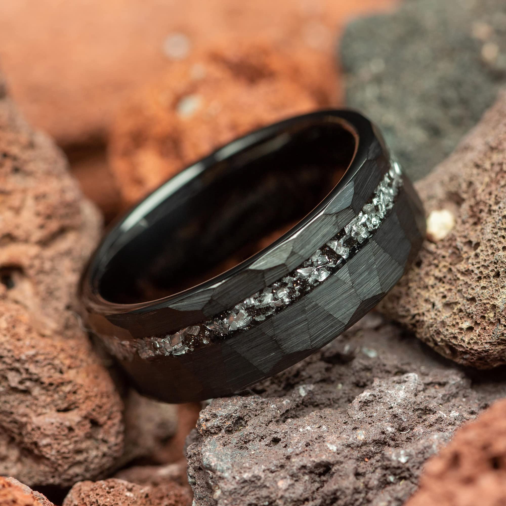 Meteorite Men's Wedding Ring - Hammered Black Tungsten Band, 8mm Comfort Fit, Durable & Hypoallergenic - Perfect for Engagements, Anniversaries, and Everyday Wear