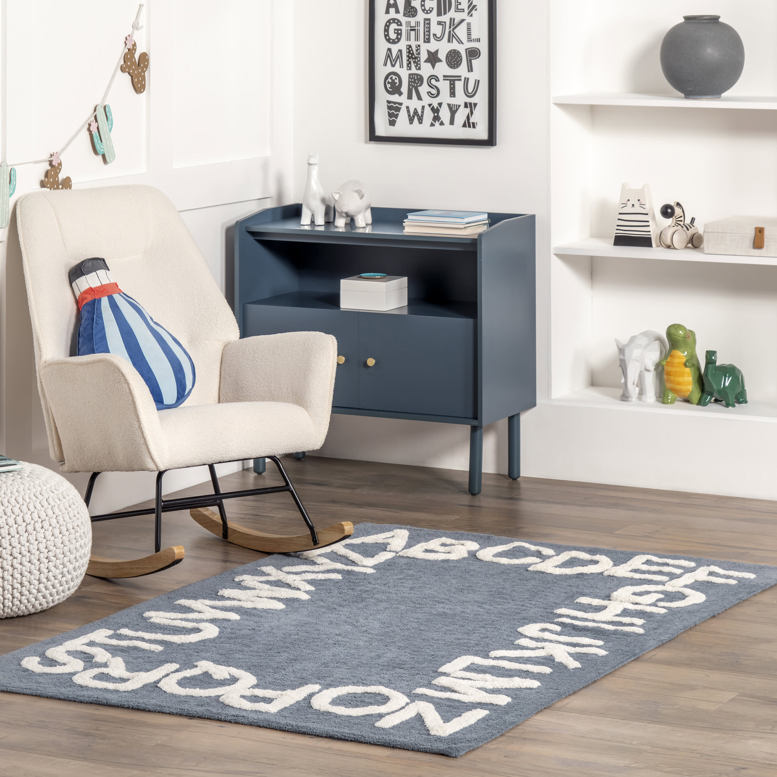 Alphabet Nursery Washable Rug - Soft Non-Slip Kids Play Mat, Blue Grey - Perfect for Baby Rooms, Playrooms & Learning Spaces