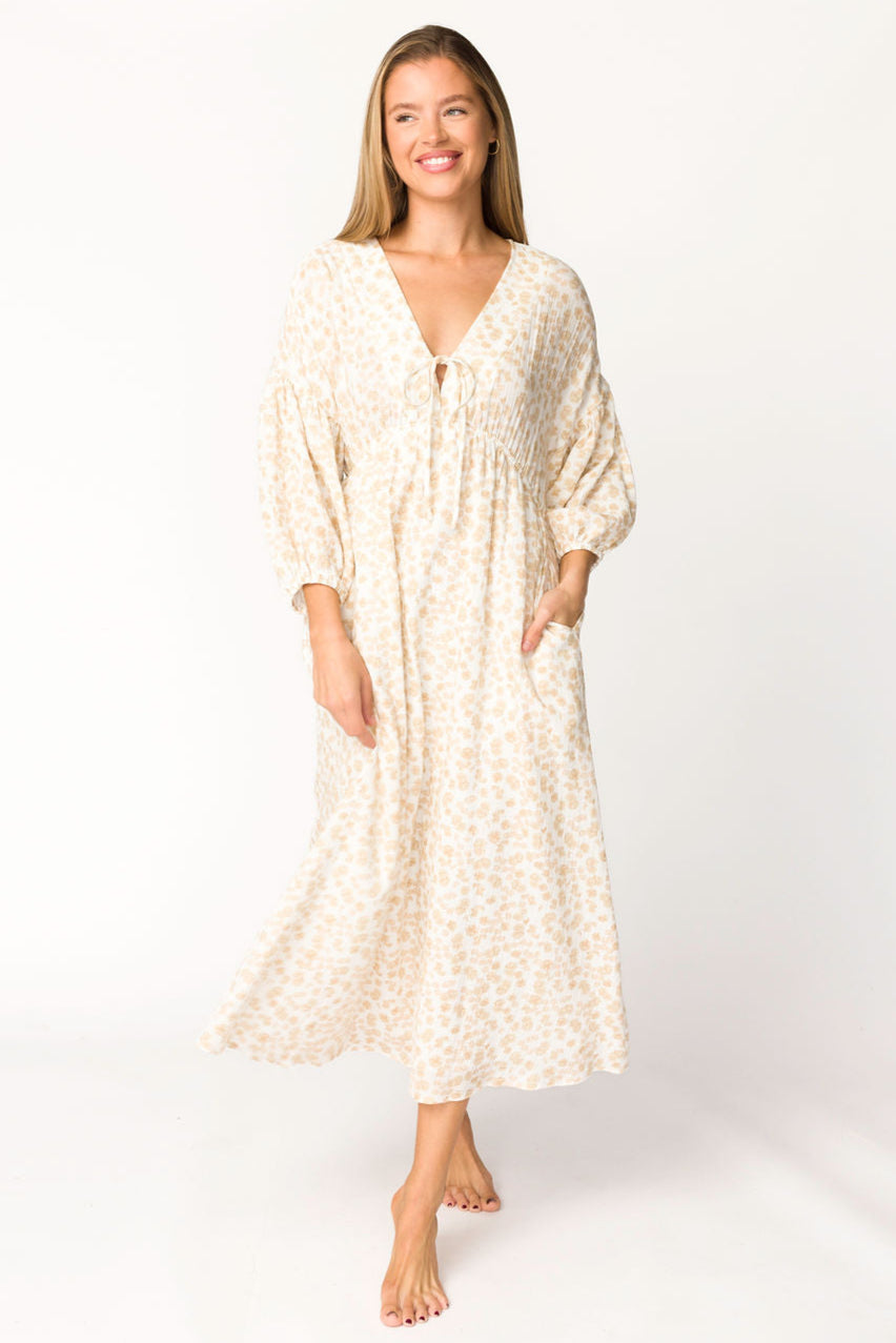 Hunter 100% Cotton Gauze Midi Dress - Natural/Fawn Floral Print | Bump Friendly Maternity Dress | Perfect for Summer, Beach & Pregnancy Photoshoots