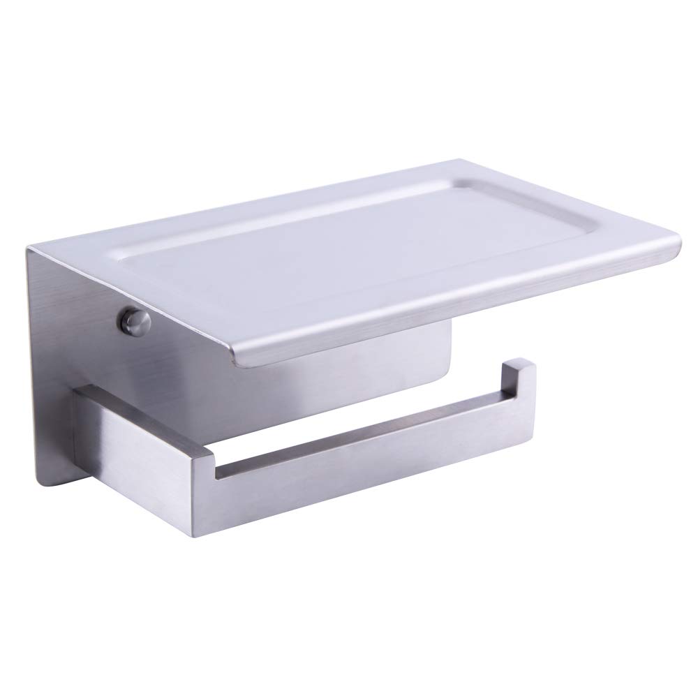 BEIGEEWY Wall Mount Toilet Paper Holder with Shelf - SUS304 Stainless Steel Bathroom Tissue Roll Holder - Brushed Nickel Finish - Space Saving Bathroom Storage for Small Spaces & Modern Homes