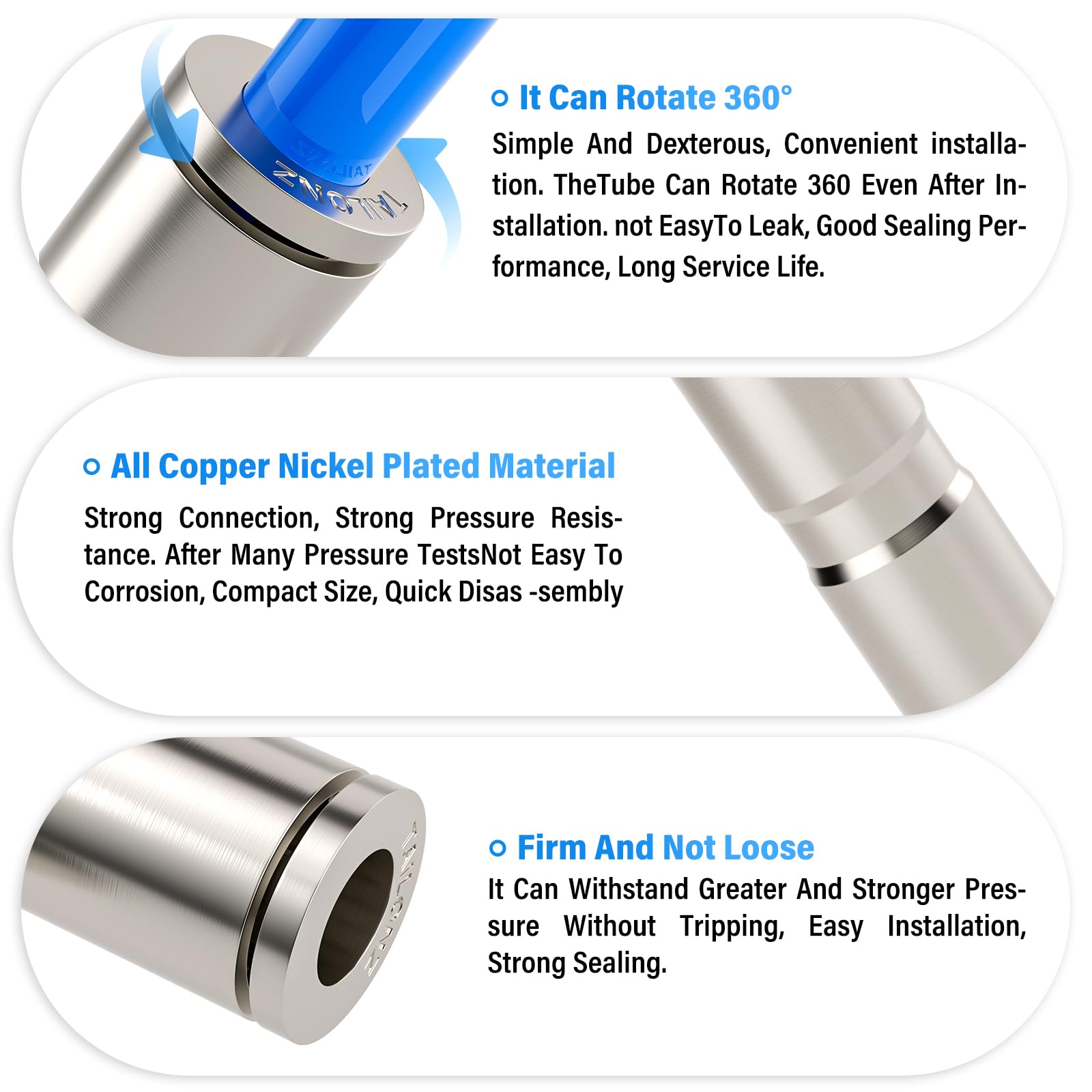 1/4 Inch OD Copper Nickel Plated Straight Union Air Fittings - Quick Connect Push Lock Tube Connectors for Pneumatic Systems (Pack of 10) - Ideal for Air Compressors, HVAC, and Industrial Automation