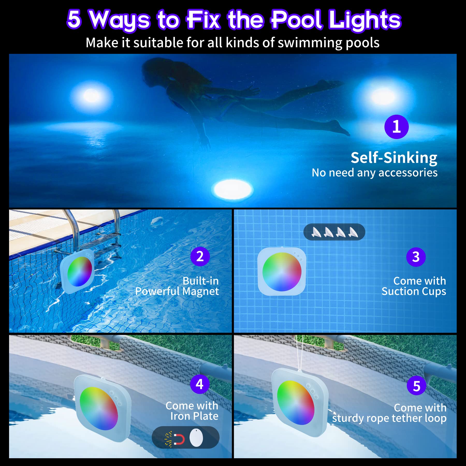 Rechargeable LED Submersible Pool Lights with Remote Control - Waterproof Underwater Magnetic Lights for Inground & Above Ground Pools - Battery Operated Floating Lights for Swimming Pools, Spas & Fountains (Perfect for Night Swimming, Pool Parties & Backyard Decor)
