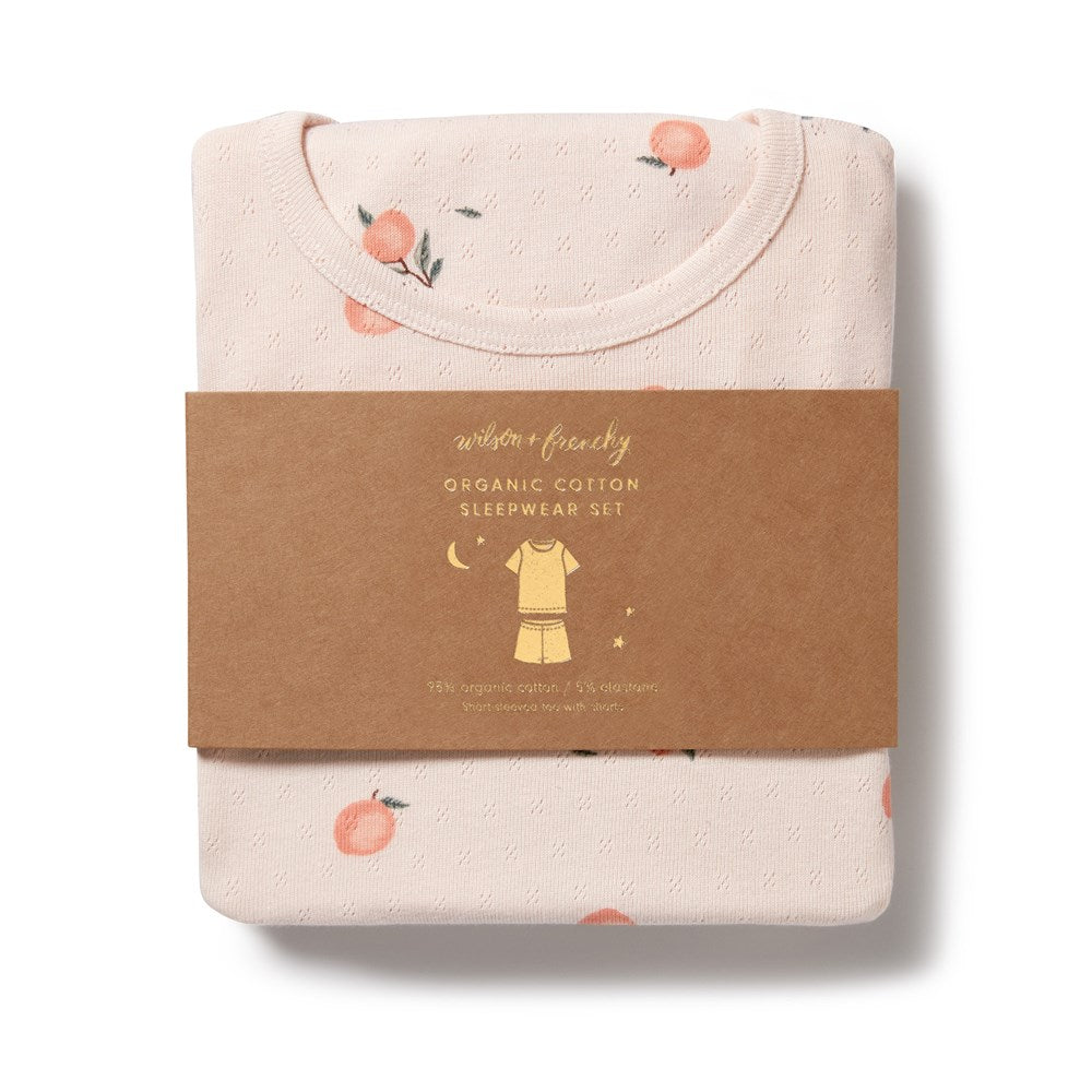 Organic Peaches Print Pointelle Short Sleeve Pajamas for Women - Soft & Breathable Sleepwear for Summer Nights, Lounge Wear, and Cozy Bedtime Comfort