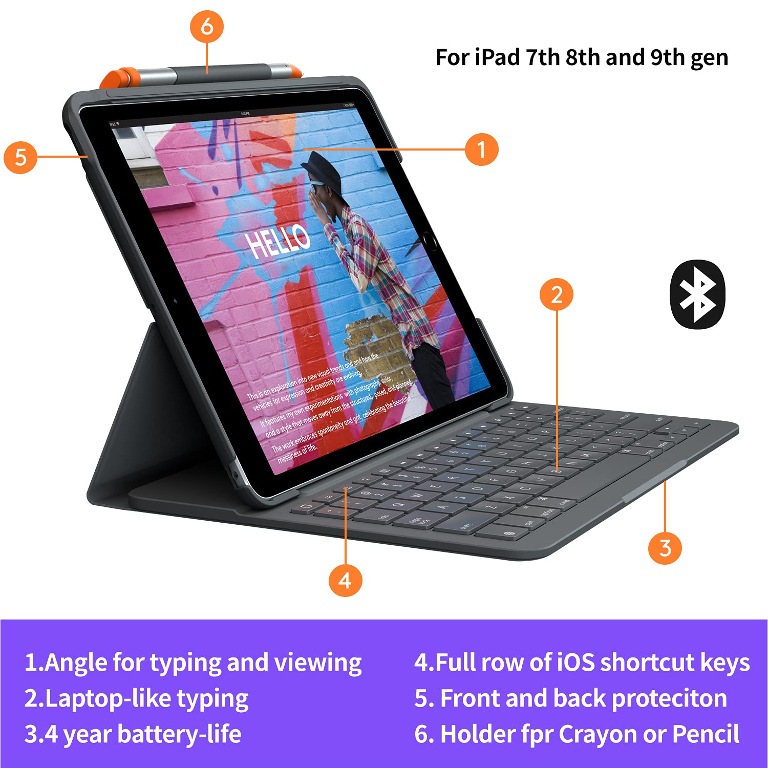 Logitech Slim Folio Wireless Keyboard Case for iPad 7th/8th/9th Gen - Graphite | Protective Cover with Backlit Keys | Perfect for Work, Study & Travel
