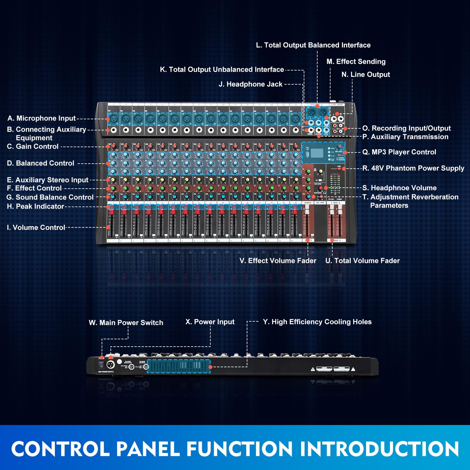16 Channel Professional Audio Mixer with Bluetooth & USB - DJ Sound Mixing Console for Live Stage, Studio & Home Use - Perfect for Beginners & Professionals