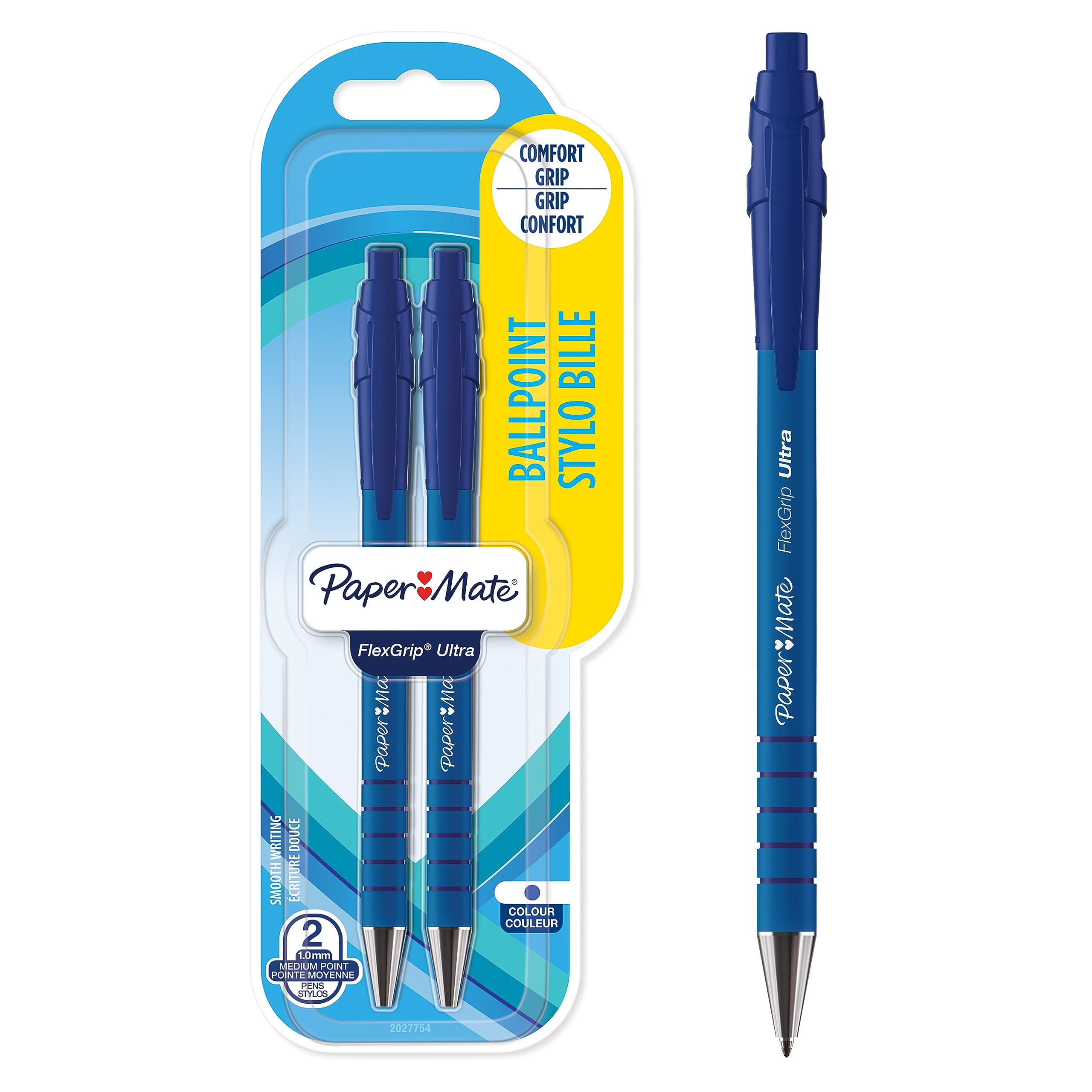 Paper Mate Flexgrip Ultra Retractable Ballpoint Pens - Medium Point 1.0mm Blue Ink - 2 Pack for Smooth Writing at Home, Office or School