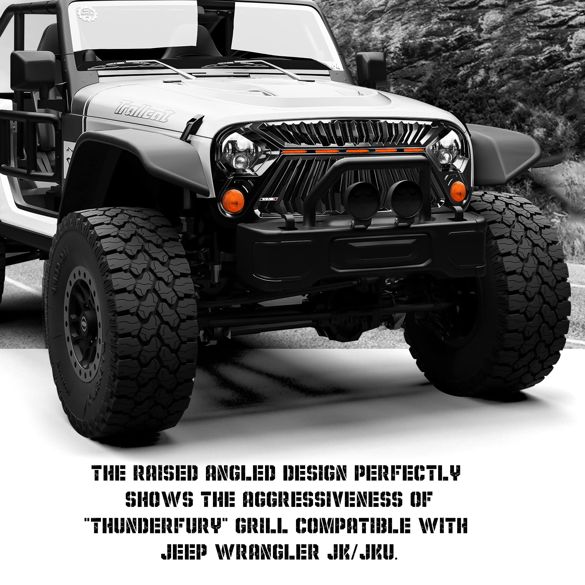 SEVEN SPARTA Jeep Wrangler JK/JKU Front Grill (2007-2018) - Thunderfury Style with 5 LED Grille Lights, Strip, Clips & Rivets - Gloss Black Paint | Off-Road Upgrade & Customization Accessory